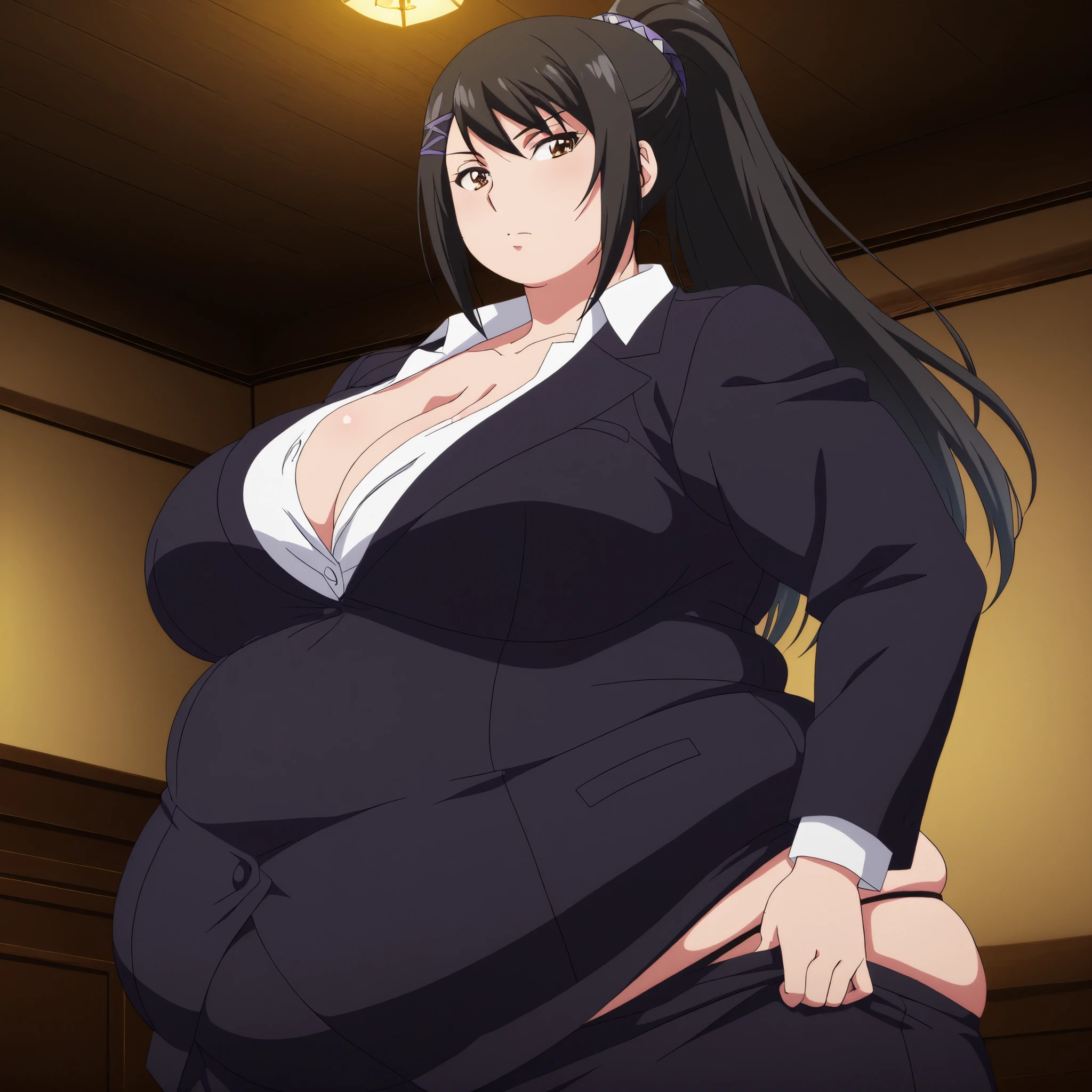hyper fat,hyper obese,bloated belly,obese,fat,plump,WeightObese,masterpiece, best quality, 8K, ultra-detailed, official art,
anime style, anime coloring, cel shading, hand-drawn look, digital painting, soft shading, detailed lighting, vibrant colors, flat color textures,
dutch angle, cowboy shot, cinematic composition, anime screencap, anime coloring,
1girl, solo,
sae chabashira, chabashira sae, long hair, black hair, hair ornament, brown eyes, ponytail, hairclip, mature female, breasts, anime screencap,
shirt, cleavage, collarbone, jacket, white shirt, formal, suit, skirt, pencil skirt,, correct anatomy, correct fingers, showing the butt, looking back, moving my ass, rear view, seen from below, Pulling the thong