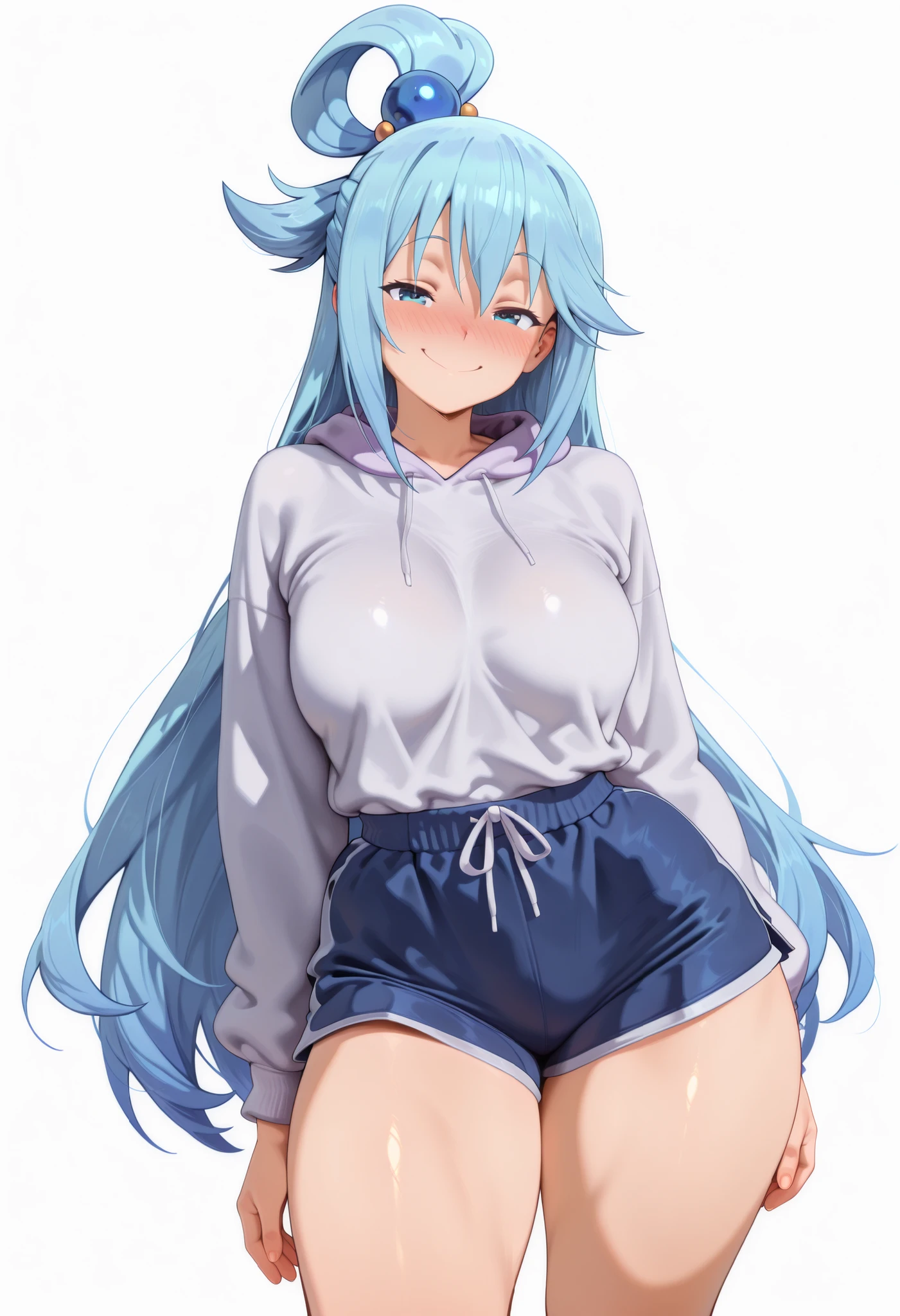 masterpiece, best quality, amazing quality, 1girl, solo, aqua \(konosuba\), long hair, blue eyes, hair ornament, very long hair, blue hair, hair rings, single hair ring, hair bobbles,, arms at behind, looking at viewer, contrapposto, thick thigh, thick thighs, nose blush, shiny legs, shiny body, shiny hair, clear skin, clear body, white background, simple background, horny and happy, sadistic face, hoodie, shorts, smile, thick thigh, thick thighs, sfw, safe for work sfw