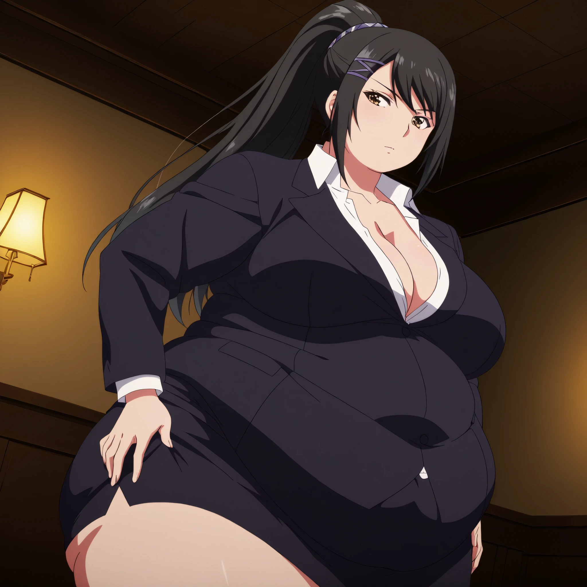 hyper fat,hyper obese,bloated belly,obese,fat,plump,WeightObese,masterpiece, best quality, 8K, ultra-detailed, official art,
anime style, anime coloring, cel shading, hand-drawn look, digital painting, soft shading, detailed lighting, vibrant colors, flat color textures,
dutch angle, cowboy shot, cinematic composition, anime screencap, anime coloring,
1girl, solo,
sae chabashira, chabashira sae, long hair, black hair, hair ornament, brown eyes, ponytail, hairclip, mature female, breasts, anime screencap,
shirt, cleavage, collarbone, jacket, white shirt, formal, suit, skirt, pencil skirt,, correct anatomy, correct fingers, showing the butt, looking back, moving my ass, rear view, seen from below, Pulling the thong