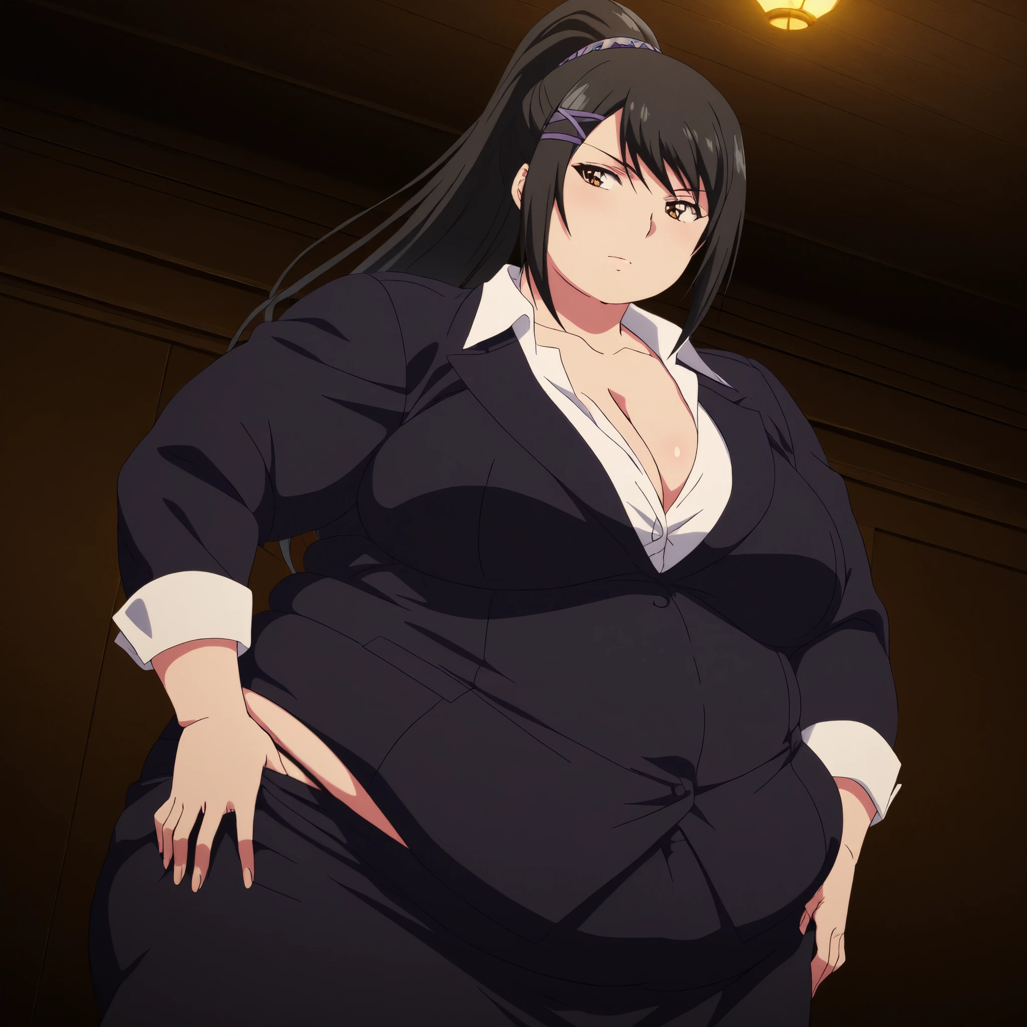 hyper fat,hyper obese,bloated belly,obese,fat,plump,WeightObese,masterpiece, best quality, 8K, ultra-detailed, official art,
anime style, anime coloring, cel shading, hand-drawn look, digital painting, soft shading, detailed lighting, vibrant colors, flat color textures,
dutch angle, cowboy shot, cinematic composition, anime screencap, anime coloring,
1girl, solo,
sae chabashira, chabashira sae, long hair, black hair, hair ornament, brown eyes, ponytail, hairclip, mature female, breasts, anime screencap,
shirt, cleavage, collarbone, jacket, white shirt, formal, suit, skirt, pencil skirt,, correct anatomy, correct fingers, showing the butt, looking back, moving my ass, rear view, seen from below, Pulling the thong