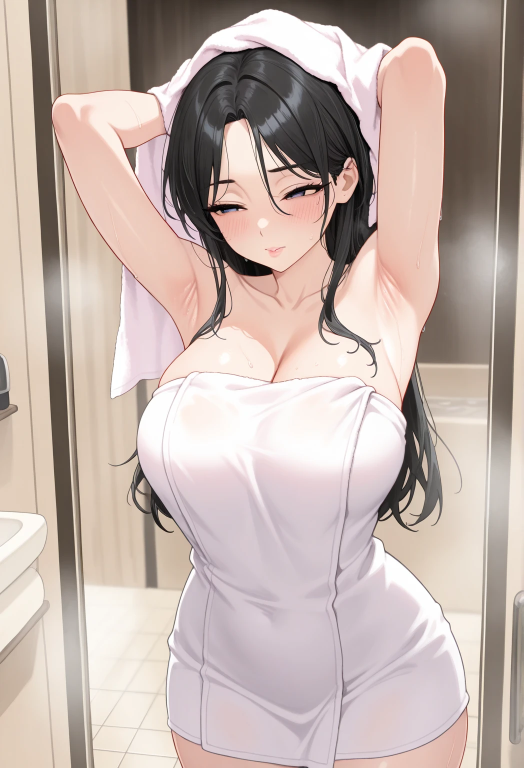 score_9, score_8_up, score_7_up, score_6_up, source_anime, rating_explicit, 1girl, (solo:1.1), huge breasts, <lora:Baek Suzy prefectPonyxl:0.85> black hair, grey eyes, black eyes, long hair, naked towel, white towel, cleavage, smile, embarrassed, open mouth, living room, indoors, looking to the side, standing, close-up, sweat