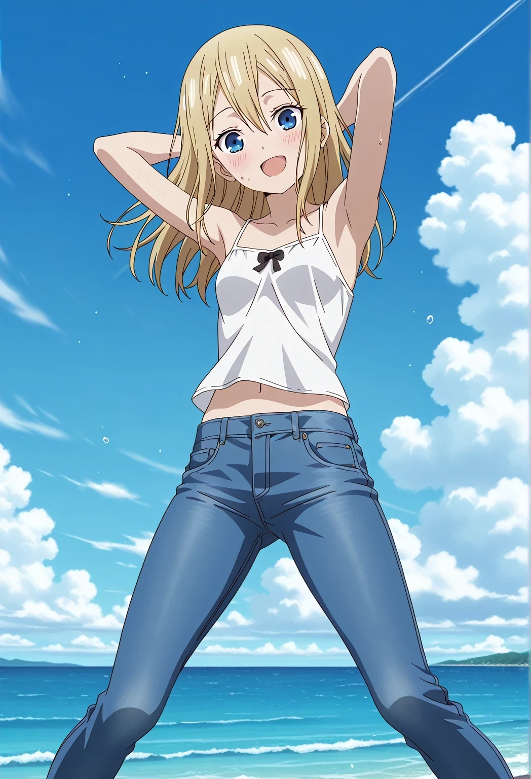 score_9, score_8_up, score_7_up, source_anime, highres, hi res, ((best quality, top quality, perfect quality, Highest Quality, amazing quality)), {{masterpiece}}, {{an extremely delicate and beautiful}}, 2d, intricate details, official style, anime, 8k, anime style, official_anime, official art, digital painting, cell shading, soft shading, high resolution, soothing tones, Subdued Color, Soft cinematic light, adobe lightroom, photolab, HDR, intricately and hyper-detailed, ((high quality animation)), 1 girl, Alone, solo, ((ocean)), tsunami, on the water, day, sunny, outdoors, sky, windy, ai hayasaka, Kaguya-sama: Love is War, ((long hair:3.5)), bangs, blue eyes, blonde hair, hair ornament, hair between eyes, sidelocks, anime coloring, anime screencap, small breasts, white camisole top, crop top, white crop top, best quality, hyper-detailed jeans, ((blue jeans:1.9)), (dark blue jeans:0.6), full medium body, medium shot, Open mouth, smiling, happy face, blush, sweat, standing, ((arms behind head:6.0)), ((perfect arm line:2.5)), perfect hand line, bowlegged, jumping pose, action, looking at viewer, spread legs, Bend knees slightly, straight-on front view