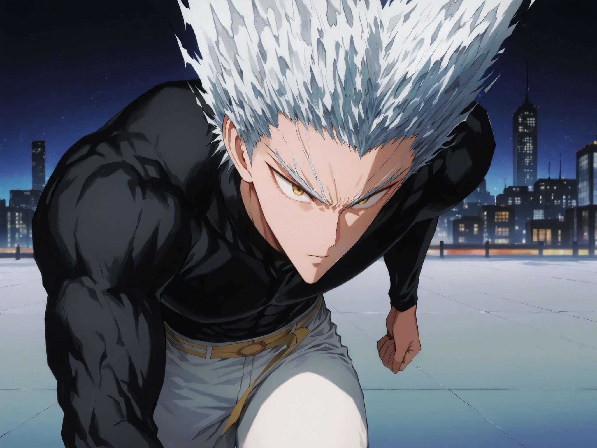 one man, anime character, 마법 회전 그림 속 handsome 남자, color dispersion, handsome, Detailed Fan Art , Full Color Illustration , Clean Line Drawing and Color, Great Character Design, Krenz Cushart and Asher Duran One Punch Man Garo, Immaculate appearance, silver hair. healthy body. dramatic contrast, High quality animated art style, Detailed skin texture, Perfect Composition. yellow eyes, UHD, masterpiece, intricate details, high resolution
hyper detail super detail, highres high resolution, high quality, finely detailed beautiful eyes and detailed face, best quality, 4k, masculine, 18 years old, young man, young., A healthy body with body proportions revealed between exemplary., adult., white pants., Black tee., Neat oll white hair., yellow eyes., simple black flat shoes., Illustration based on Murata's drawing, fan art., bright, delicate facial expression., Short hair length , yellow waistband, city background