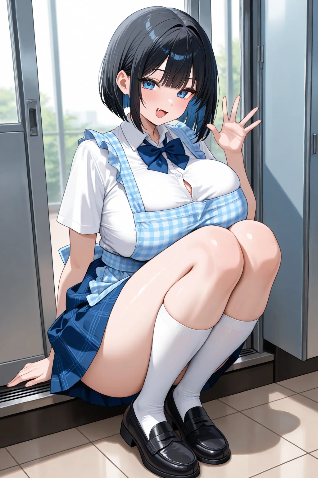 , big breasts, , short hair, cowboy shot, view from below, showing , squatting, 