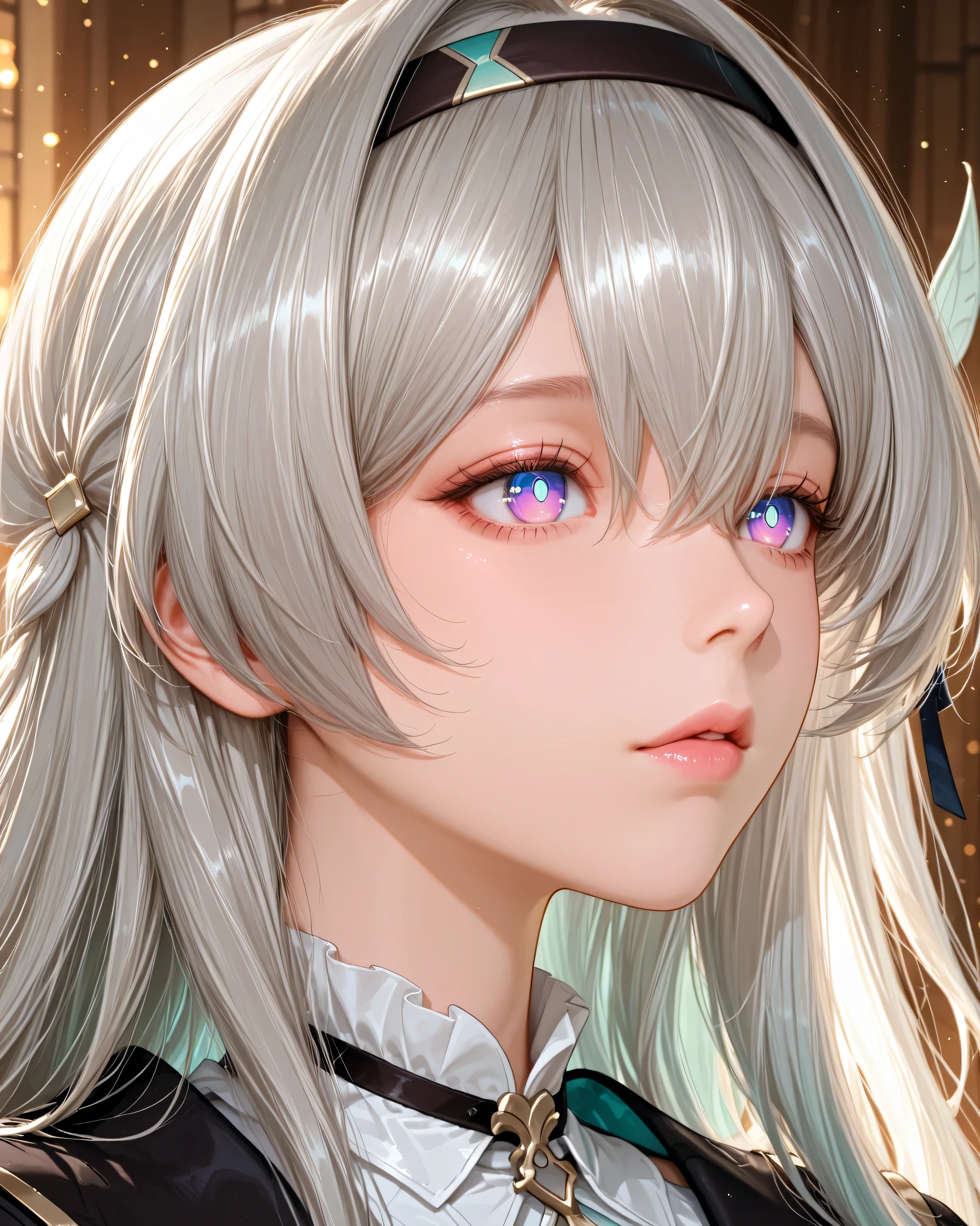 F1reflyHSR, blue pupils, purple eyes, blue eyes, grey hair, multicolored hair, long hair, black hairband, hair ornament,