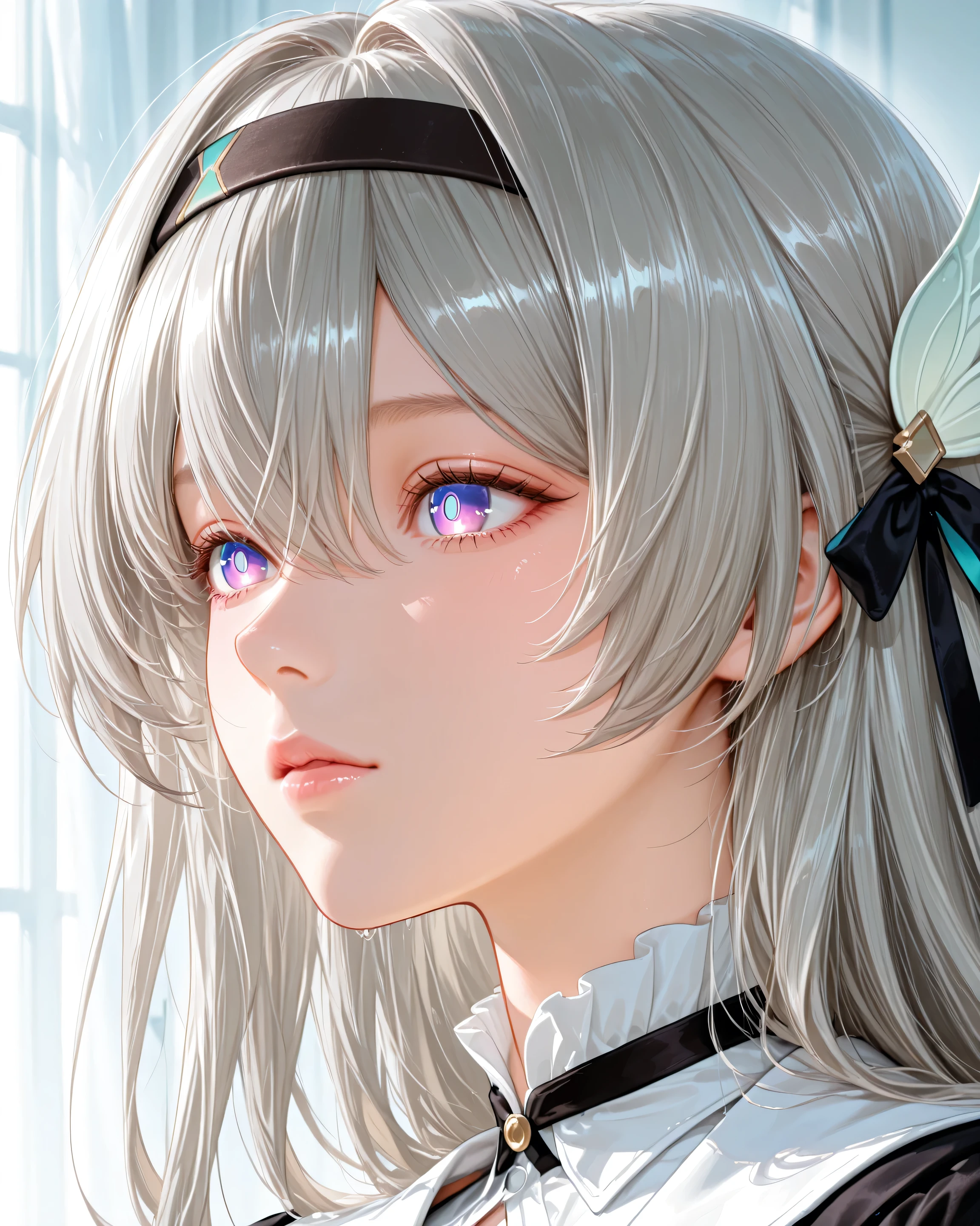 F1reflyHSR, blue pupils, purple eyes, blue eyes, grey hair, multicolored hair, long hair, black hairband, hair ornament,