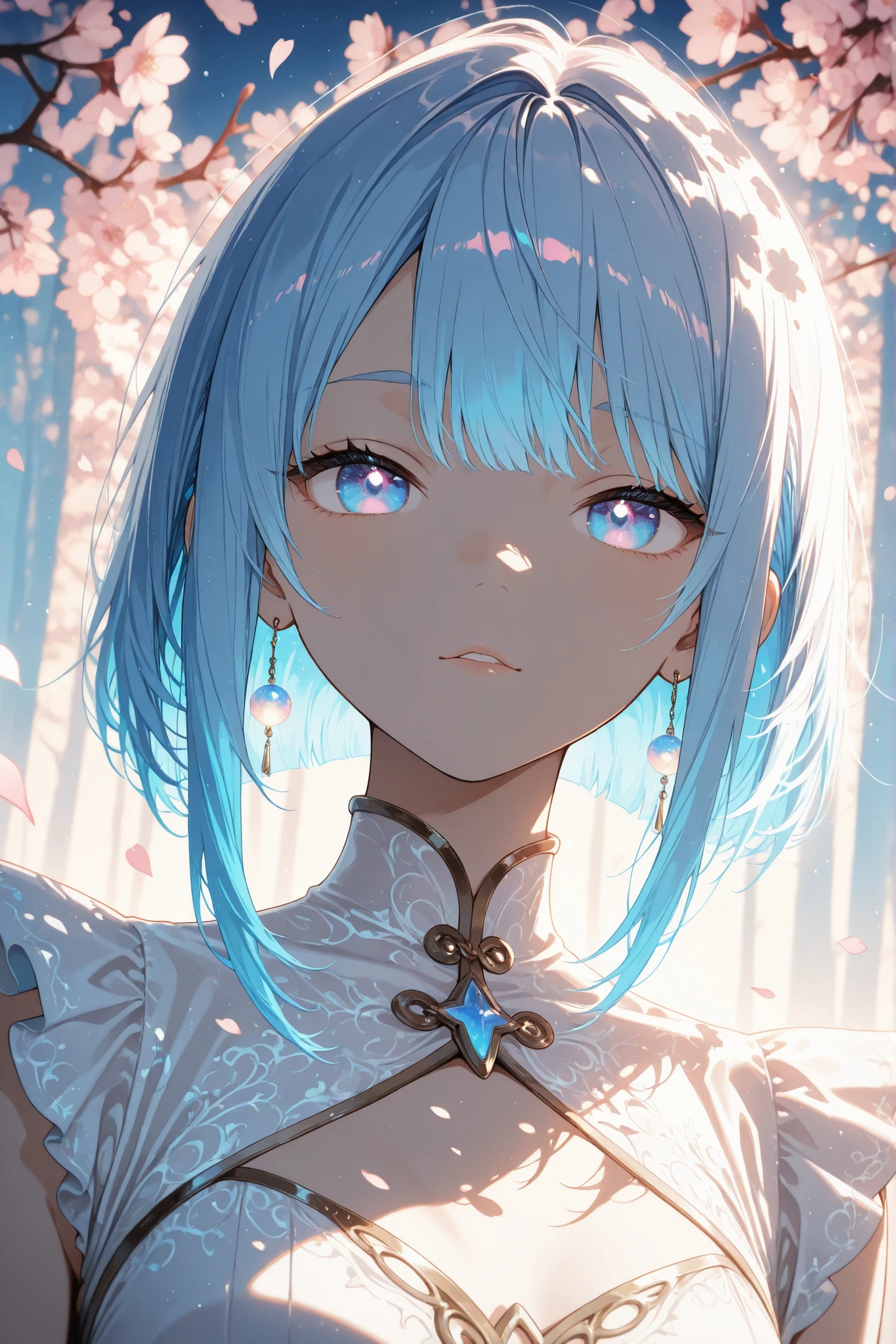 anime,Backlight,Hiori Light Art,masterpiece, Highest Quality, 2D, flat shading, flat illustration, minimalist, Pop Art Style, neo-pop, infographic design, color and tone, vector trace, 1 Girl, medium bust,The background is night, Puffy Eye, pastel blue hair, gradation colored hair, long bob hair, disheveled hair, Thin Eyebrows, thin lips, No expression, without makeup, Pretty Eyes, detailed eyes, White celestial maiden clothes、dancing、Sakura in full bloom、cherry blossom petals fluttering、Backlight、Moonlight from below、Bathe in the dappled moonlight