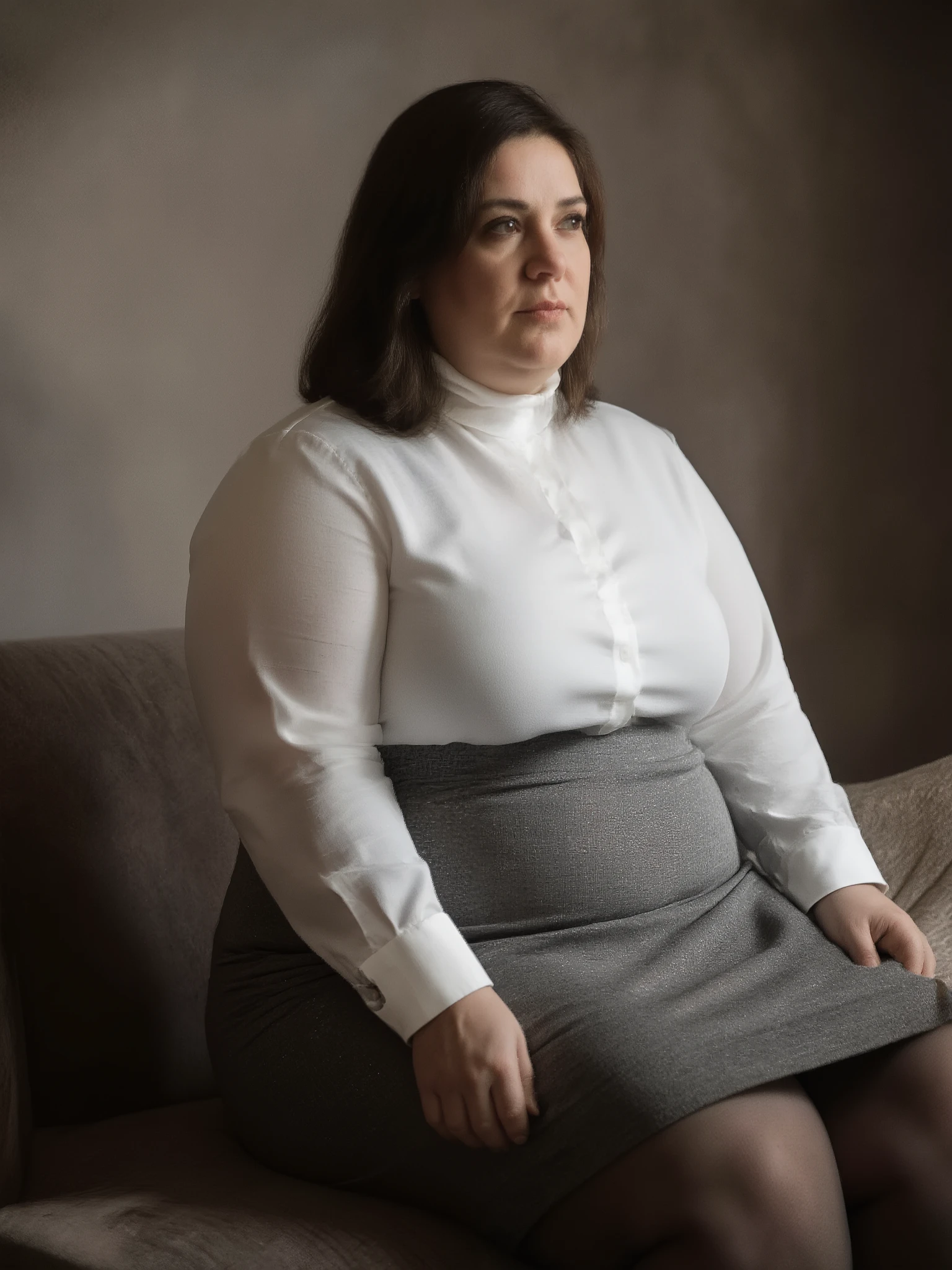 A professional photography of charismatic and elegant plus-size Italian 40 years old woman. She is chubby, tall and has an excessively huge and large breast. Her boobs are heavy, saggy and massive. Wearing a white turtleneck shirt, a grey straight dress, pantyhose and high heels boots. Waiting to be approached on a sofa.