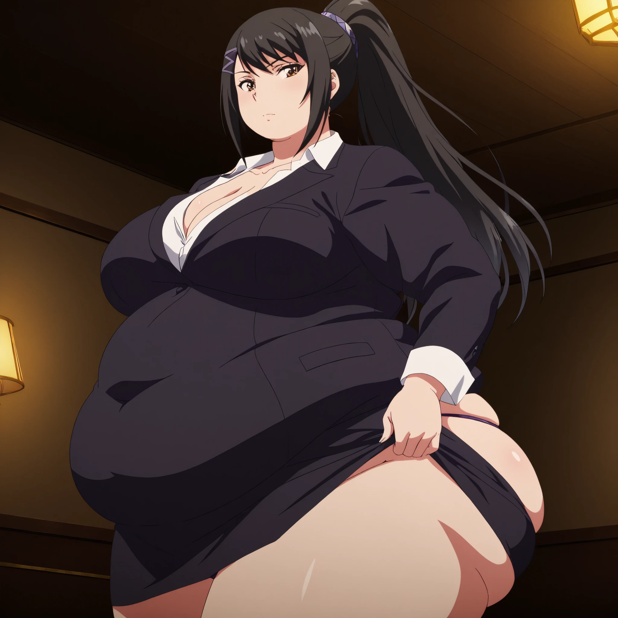 obese,fat,bloated belly,hyper fat,hyper obese,plump,WeightImmobile,masterpiece, best quality, 8K, ultra-detailed, official art,
anime style, anime coloring, cel shading, hand-drawn look, digital painting, soft shading, detailed lighting, vibrant colors, flat color textures,
dutch angle, cowboy shot, cinematic composition, anime screencap, anime coloring,
1girl, solo,
sae chabashira, chabashira sae, long hair, black hair, hair ornament, brown eyes, ponytail, hairclip, mature female, breasts, anime screencap,
shirt, cleavage, collarbone, jacket, white shirt, formal, suit, skirt, pencil skirt,, correct anatomy, correct fingers, showing the butt, looking back, moving my ass, rear view, seen from below, Pulling the thong