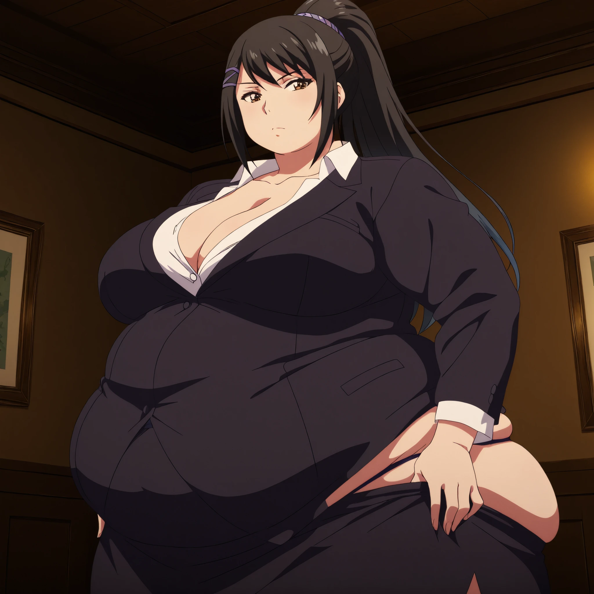 obese,fat,bloated belly,hyper fat,hyper obese,plump,WeightImmobile,masterpiece, best quality, 8K, ultra-detailed, official art,
anime style, anime coloring, cel shading, hand-drawn look, digital painting, soft shading, detailed lighting, vibrant colors, flat color textures,
dutch angle, cowboy shot, cinematic composition, anime screencap, anime coloring,
1girl, solo,
sae chabashira, chabashira sae, long hair, black hair, hair ornament, brown eyes, ponytail, hairclip, mature female, breasts, anime screencap,
shirt, cleavage, collarbone, jacket, white shirt, formal, suit, skirt, pencil skirt,, correct anatomy, correct fingers, showing the butt, looking back, moving my ass, rear view, seen from below, Pulling the thong