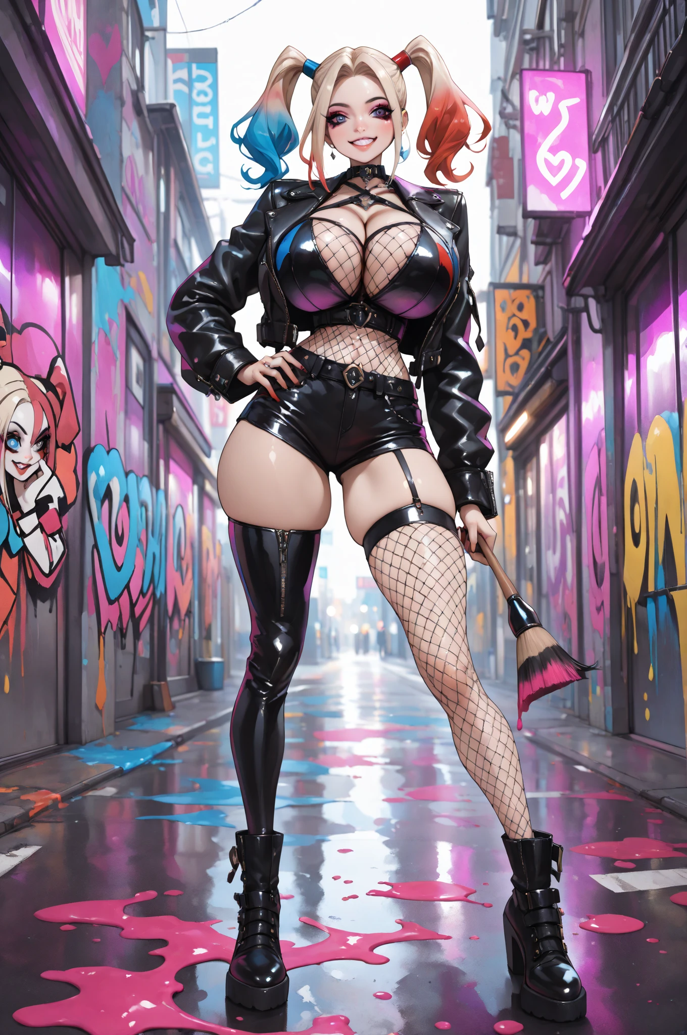 bimbo, 20 years old, platform boots, perfect fake , tattoos, tight latex, slutty, inside, dark city outside, hoop earrings