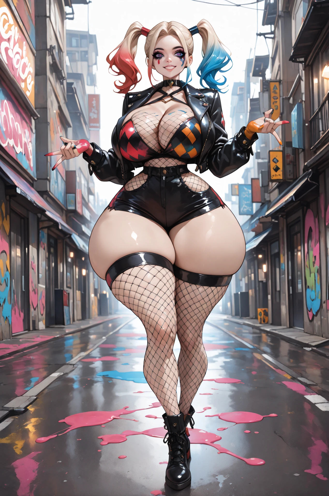 (masterpiece, best quality, ultra-detailed, 8k wallpaper, photorealistic), 1 girl, curvaceous but slender body, , printed colorful micro  top, fleece jacket, shorts, thighhighs, bangles, choker, twintails, backpack, city streets, street lights, late night,purple hair,(red eyes,shining eyes:1.3)
