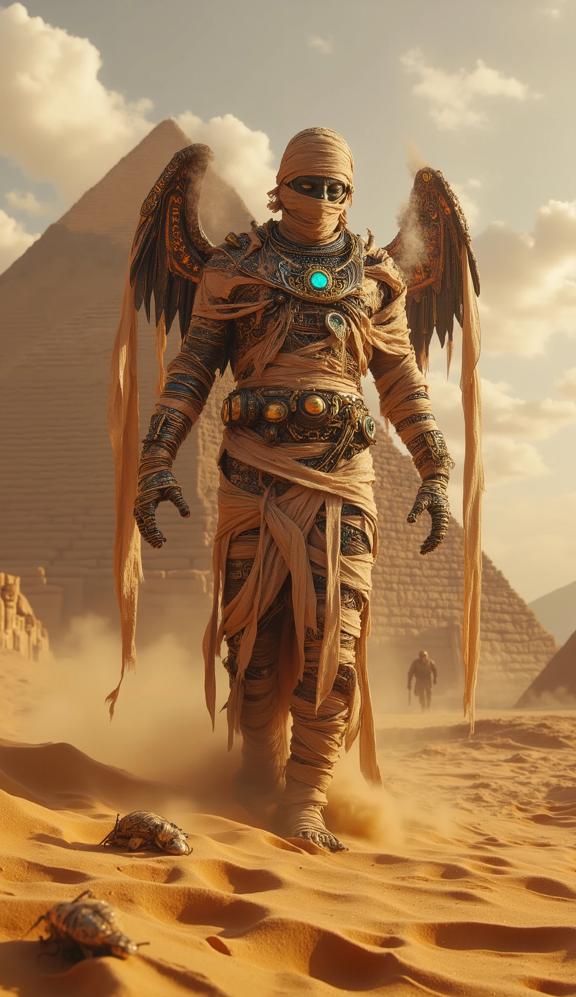 A majestic steampunk pharaoh mummy rises from the golden sands of an ancient Egyptian desert, wrapped in tattered bandages laced with copper gears and glowing blue runes. Brass tubes and steam vents emerge from his back like mechanical wings, exhaling mist under the blazing sun. Behind him, colossal pyramids shimmer through a haze of heat and dust, partially covered by drifting sand. The atmosphere blends ancient mysticism and retro-futuristic invention, with clockwork scarabs crawling across the ruins. Cinematic lighting, 128K HDR, desert wind particles, hyper-detailed textures, epic fantasy steampunk aesthetic.