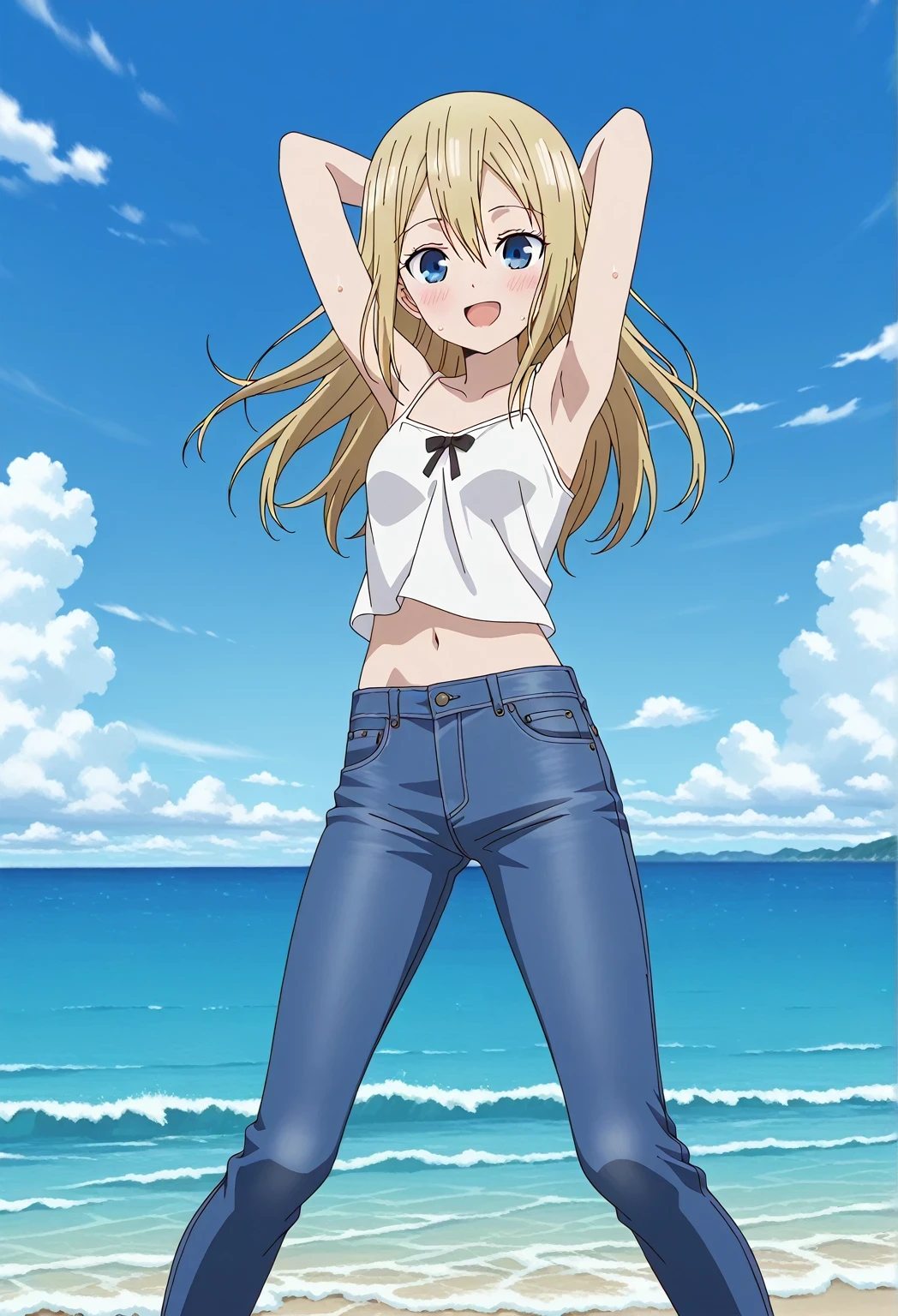 score_9, score_8_up, score_7_up, source_anime, highres, hi res, ((best quality, top quality, perfect quality, Highest Quality, amazing quality)), {{masterpiece}}, {{an extremely delicate and beautiful}}, 2d, intricate details, official style, anime, 8k, anime style, official_anime, official art, digital painting, cell shading, soft shading, high resolution, soothing tones, Subdued Color, Soft cinematic light, adobe lightroom, photolab, HDR, intricately and hyper-detailed, ((high quality animation)), 1 girl, Alone, solo, ((ocean)), tsunami, on the water, day, sunny, outdoors, sky, windy, ai hayasaka, Kaguya-sama: Love is War, ((long hair:4.5)), bangs, blue eyes, blonde hair, hair between eyes, sidelocks, anime coloring, anime screencap, small breasts, white camisole top, crop top, white crop top, best quality, hyper-detailed jeans, ((blue jeans:1.9)), (dark blue jeans:0.6), full medium body, medium shot, Open mouth, smiling, happy face, blush, sweat, standing, ((arms behind head:6.0)), ((perfect arm line:2.5)), perfect hand line, bowlegged, jumping pose, action, looking at viewer, spread legs, Bend knees slightly, straight-on front view