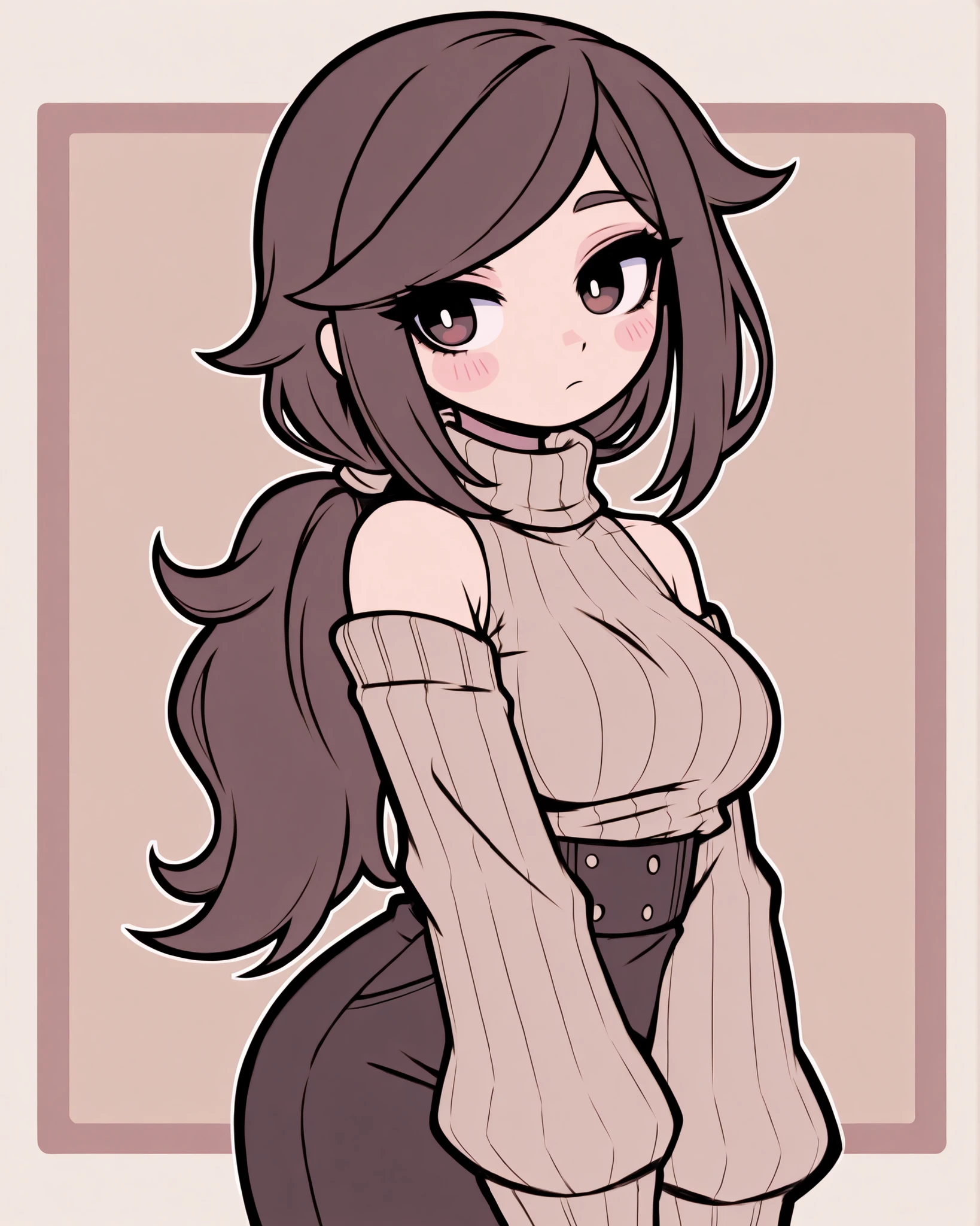CartoonyIllustrious,elegant girl with dark brown hair in a low ponytail, soft light reflecting on her eyes, wearing a simple turtleneck sweater, warm muted tones of beige, mocha and rose, neo tokyo pop art style, flat color planes, minimal blurred background, calm mood and nostalgic feel