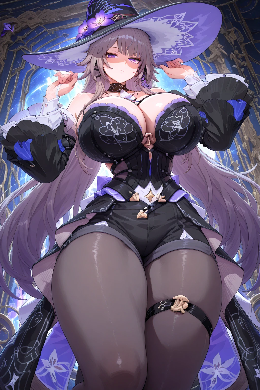 a girl using blue magic,lisa genshin impact,(jk huge tits),milf,mature female,curvy body,good detail,one eye closed,giga size,taller then a mountain,looming over a city,destruction,magic,mystical,beautiful,seductive smile,temptation,shining eyes,shadow over city
