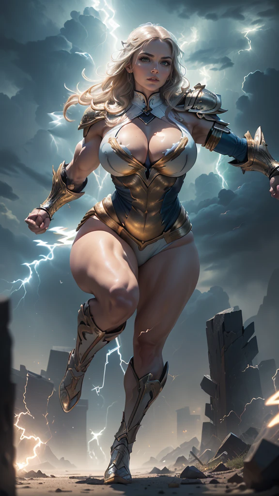 1girl, solo, masterpiece, best quality, detailed, narrow waist, wide hips, huge breasts, huge ass, (goddess), giantess, growth, evil smile, score_9, score_8_up, score_7_up, bimbo, glowing eyes, ruins, abs, thick lips, thick thighs, jewelry, bursting breasts, muscular, twintails