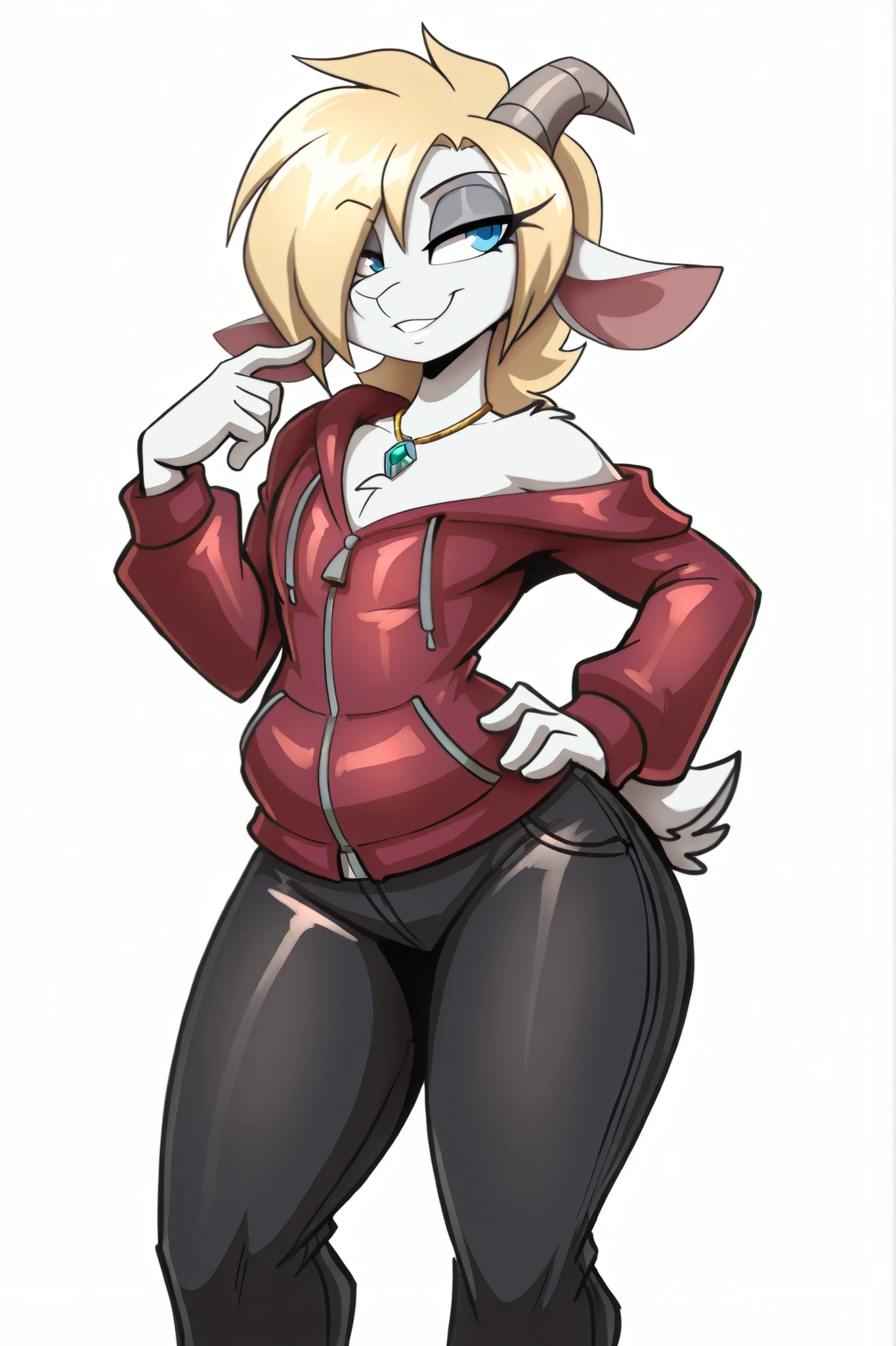 (solo), simple background, anime/manga style, best quality, high resolution, absurdres, BREAK, (splash art), (cvs style), (adult), uploaded on danbooru, uploaded on e621, [[[[by girlsay, pgm300]]]], [by rick griffin:0.5], (by hitsuji, by jizoku, by inu-sama), [by zeekzag, sssonic2], [[[mastergodai, by chalo:0.32]]], by r-mk, [by joaoppereiraus], [by jrvanesbroek:0.4], by jasonafex, by by kabscorner, (anthro, lamb, pale white body:1.1), (femboy male, feminine body, breastless), (sea blue eyes, eyelashes, grey eyeliner), (straight medium feminine hair, light blonde hair, hair over eye), (red jacket, black shirt underneath jacket, black jeans), (gem necklace), (lidded eyes, sassy, sexy, adorable), ((looking to the right)), noblewoman pose, horns