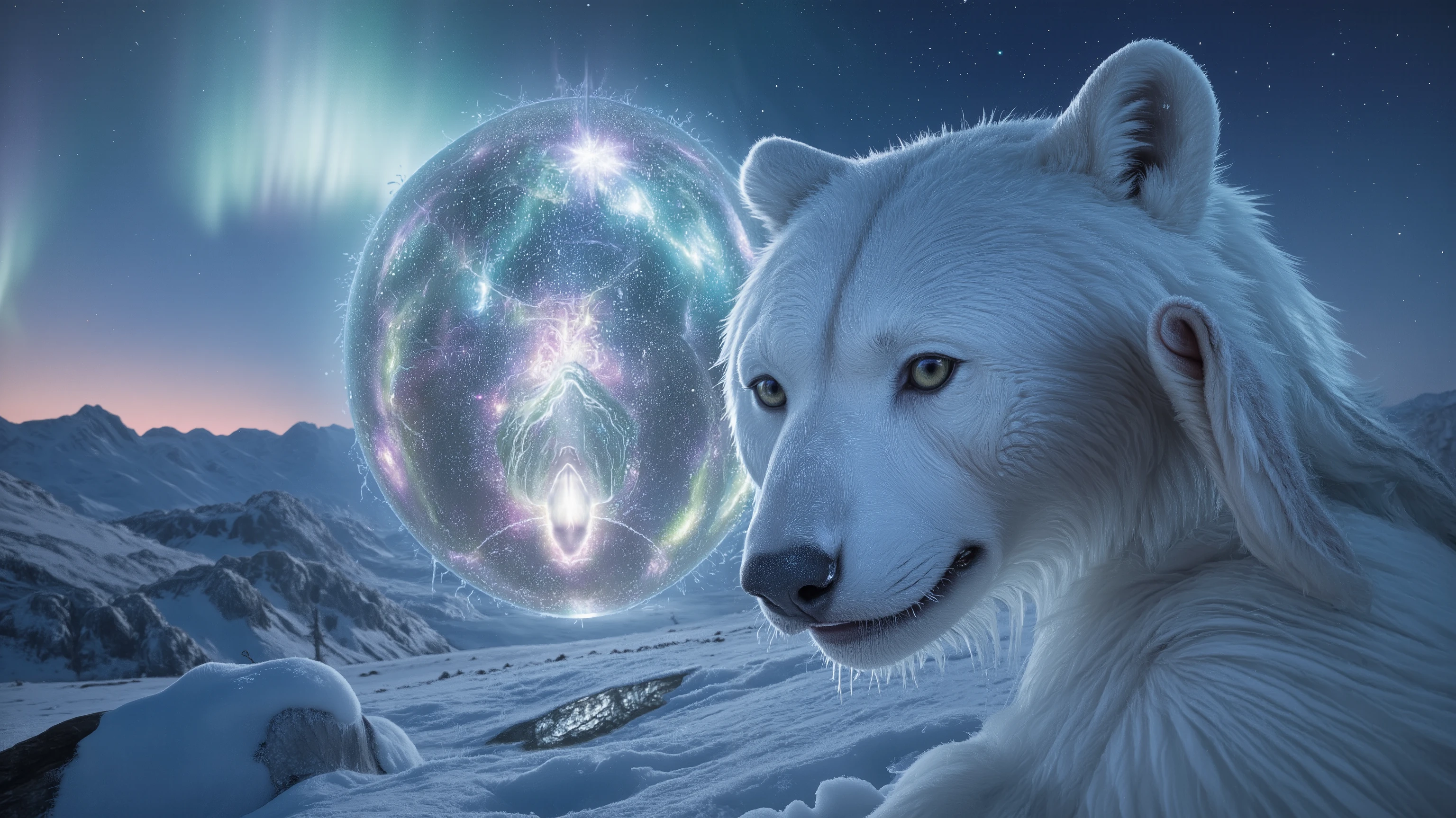Ethereal dimensional gateway hovering in Arctic wilderness at twilight, pulsing with cosmic energy and appearing somewhat melancholic, while being comforted by a massive, gentle polar bear with intricate frost patterns in its fur. A fluffy white rabbit with alert eyes and twitching nose observes from behind a snow-covered rock. Northern lights shimmer in the background, casting magical reflections across the pristine snow landscape. Photorealistic rendering with ray-tracing technology, volumetric lighting enhancing the mystical atmosphere, ultra high definition with masterful composition reminiscent of award-winning fantasy art.