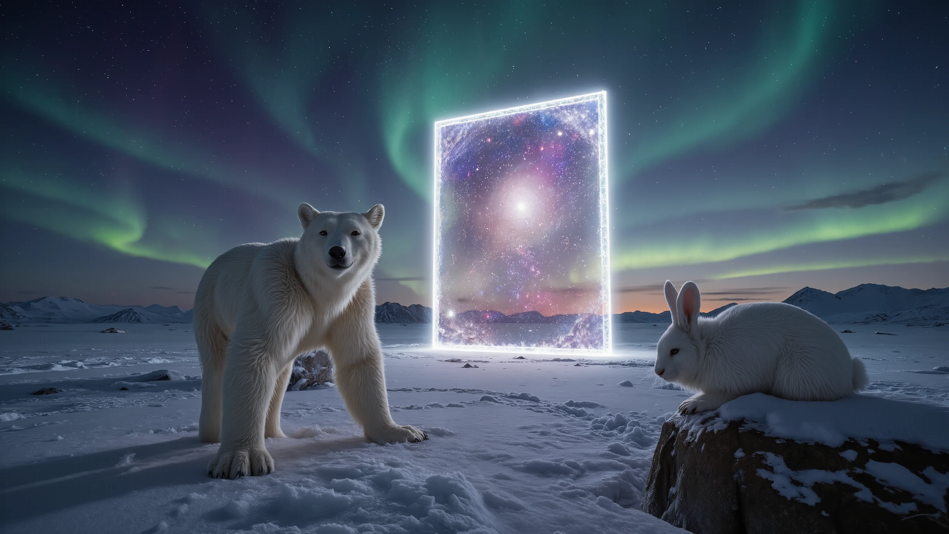 Ethereal dimensional gateway hovering in Arctic wilderness at twilight, pulsing with cosmic energy and appearing somewhat melancholic, while being comforted by a massive, gentle polar bear with intricate frost patterns in its fur. A fluffy white rabbit with alert eyes and twitching nose observes from behind a snow-covered rock. Northern lights shimmer in the background, casting magical reflections across the pristine snow landscape. Photorealistic rendering with ray-tracing technology, volumetric lighting enhancing the mystical atmosphere, ultra high definition with masterful composition reminiscent of award-winning fantasy art.