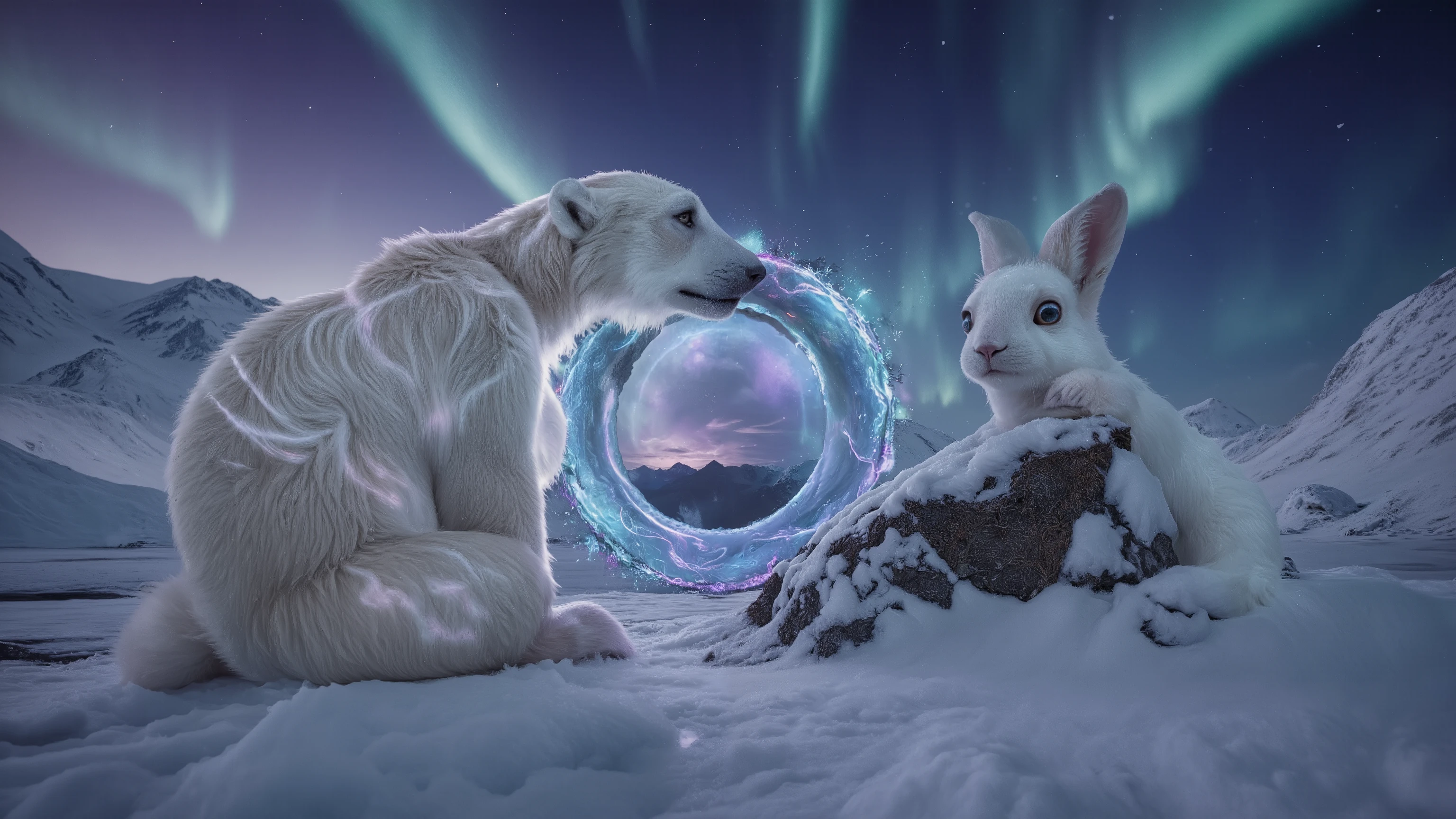 Ethereal dimensional gateway hovering in Arctic wilderness at twilight, pulsing with cosmic energy and appearing somewhat melancholic, while being comforted by a massive, gentle polar bear with intricate frost patterns in its fur. A fluffy white rabbit with alert eyes and twitching nose observes from behind a snow-covered rock. Northern lights shimmer in the background, casting magical reflections across the pristine snow landscape. Photorealistic rendering with ray-tracing technology, volumetric lighting enhancing the mystical atmosphere, ultra high definition with masterful composition reminiscent of award-winning fantasy art.