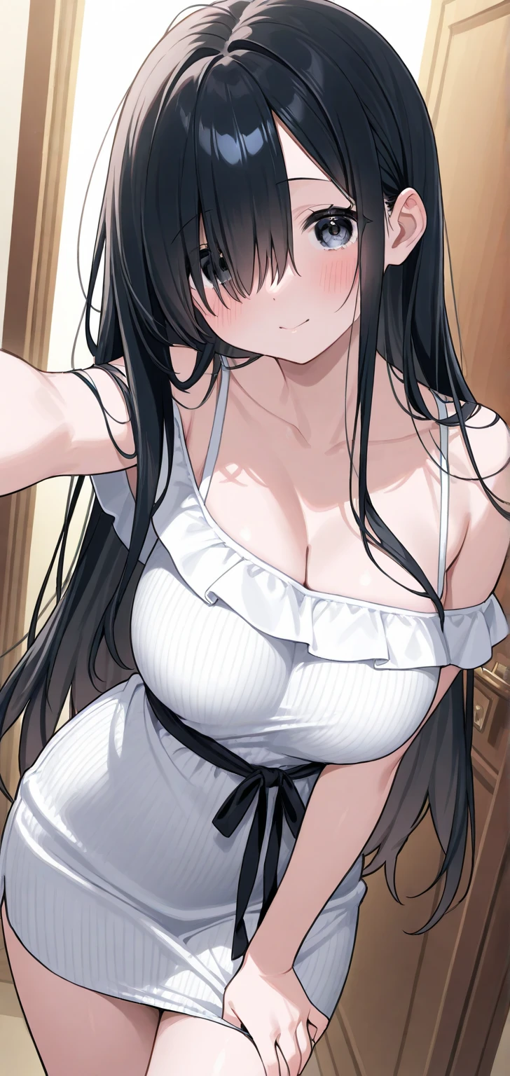 (masterpiece, highest quality), whole body, 1 female, alone, maid dress, Classic Maid，Standing picture，whole body，long，long hair，big breasts，Pause，Put your hands on your face，slouch，，囁くPause，Call