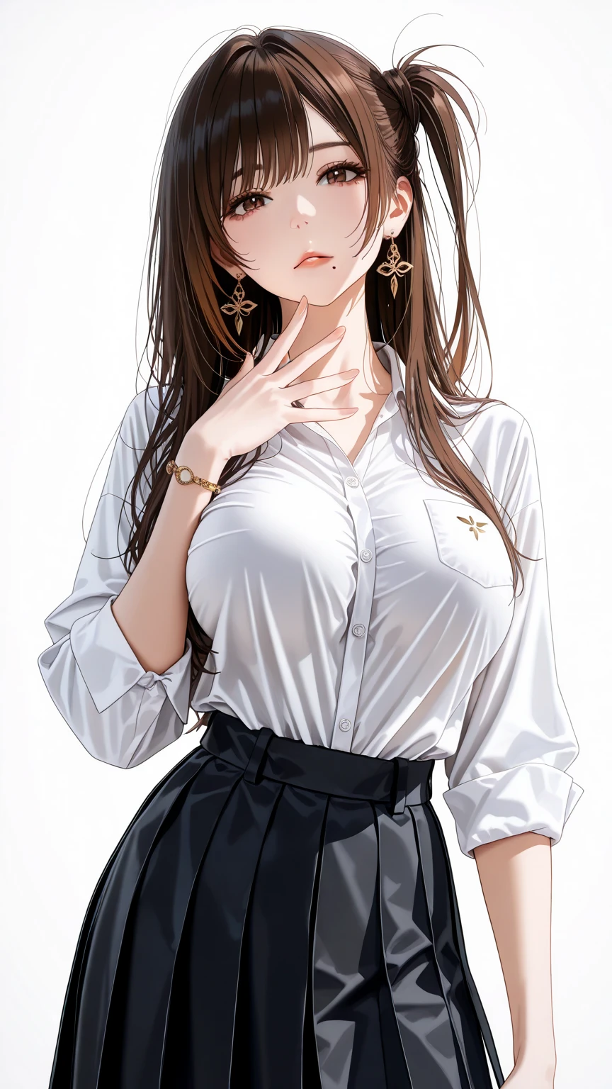 (high quality, 8k, 4K, high contrast, artwork:1.2, high quality, best aesthetics), (dynamic angle), ((1 woman)), , sensual, mature body, super detailed, beautiful face detailed, beautiful eyes detailed, detailed beautiful mouth, sexy body, perfect breats, perfect wide thighs, dark brown hair, long dark brown hair straight and combed, short bangs, brown eyes, long eyelashes, calm  expression, simple pink tiara in the hair, simple gray sweater, skirt Short black skirt, standing,  posture, looking at viewer, centered, bedroom.