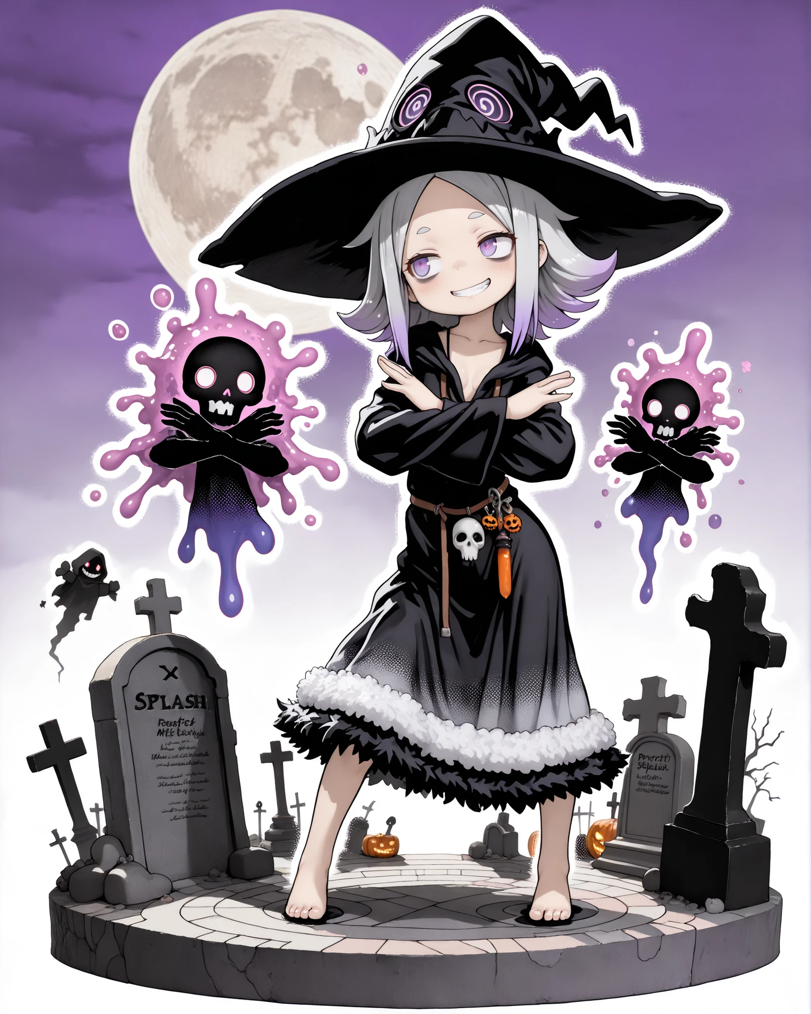 by Tsukushi Akihito, ((Tsukushi Akihito style)), ((Masterpiece)), ((best quality, amazing quality)), ((very aesthetic, absurdres, newest)), (faux figurine:1.5), ((Gacha Splash, Transparent background, Mini background)), (Asymmetrical background), ((halftone)), (cinematic lighting), ((1girl)), Cute young Girl, (Healthy Gaunt body, Textured skin, small breast, cleavage, tilt head), Big eyes, (pale purple eyes, gradient eyes, averting eyes, looking at side), rusty metal collar, ((black Witch robe, loose neckline, fuzzy midium skirt)), (put on Black Witch Hat, Wide-brimmed hat), very grin, Serrated teeth, blush, sherp teeth, (platinum-gold hair, gradient hair, violet color Hair Tip), ((long parted bangs, cute forehead, long sidelooks)), flipped hair, outside curl medium hair, BREAK, Thin and short eyebrows, (cute cheeks), glossy lips, pouty lips, (lower eyelashes), bags under eyes, ((X arms)), (contrapposto, legs apart), ((foggy effect)), outdoor, Terrifying haunted Cemetery at midnight, rotting tombstone, Decaying cemetery, ghost, zombie, skull, bones, Evil spirit, (midnight, Eerie Full Moon), distinct, (heavy outline), horror(theme), (halloween architecture), detailed style, ((perfect_anatomy, texture_details, beautiful_body, accessories)), detailed style, ((perfect_anatomy, texture_details, beautiful_body, accessories))