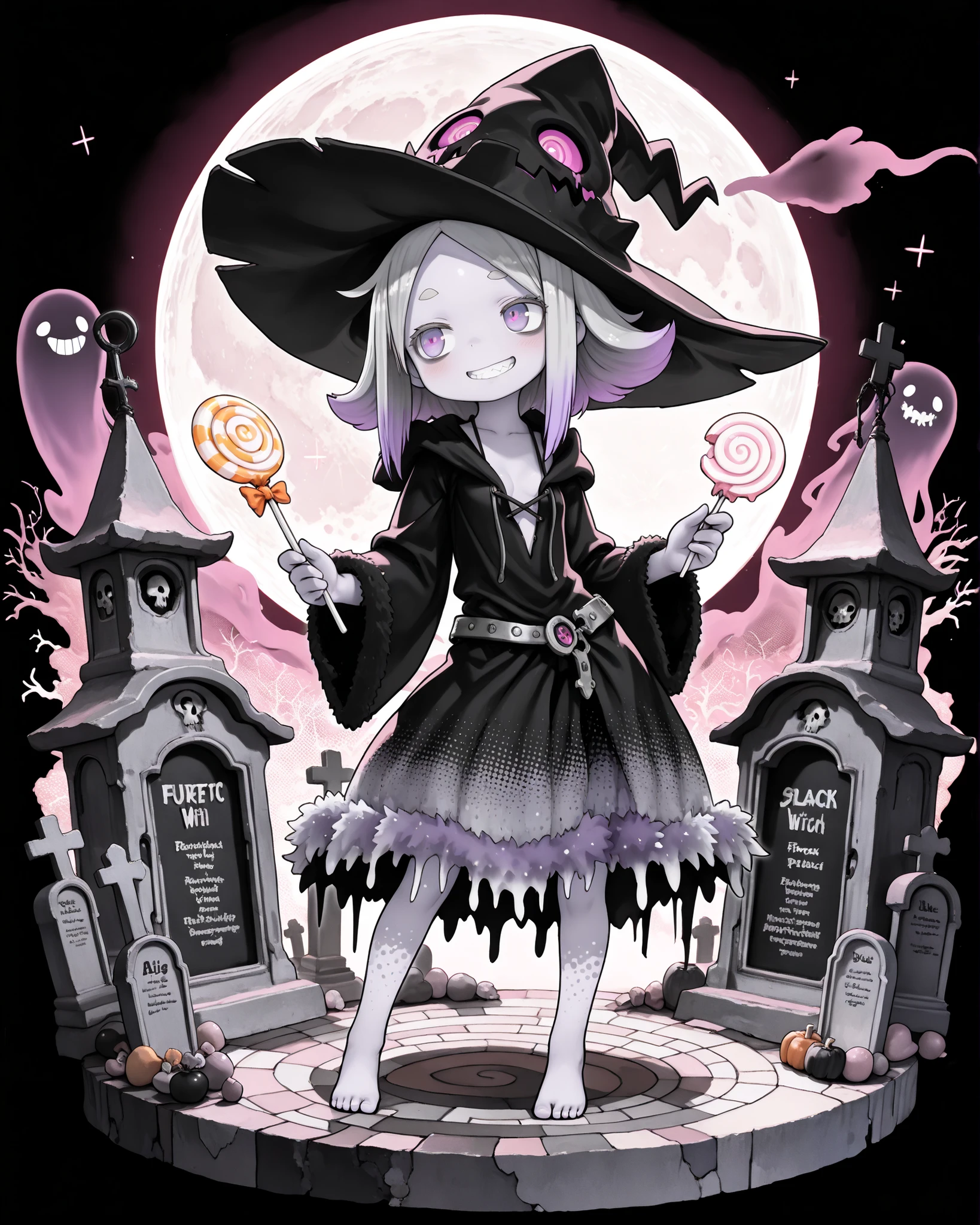 by Tsukushi Akihito, ((Tsukushi Akihito style)), ((Masterpiece)), ((best quality, amazing quality)), ((very aesthetic, absurdres, newest)), (faux figurine:1.5), ((Gacha Splash, Transparent background, Mini background)), (Asymmetrical background), ((halftone)), (cinematic lighting), ((1girl)), Cute young Girl, (Healthy Gaunt body, Textured skin, small breast, cleavage, tilt head), Big eyes, (pale purple eyes, gradient eyes, averting eyes, looking at side), rusty metal collar, ((black Witch robe, loose neckline, fuzzy midium skirt)), (put on Black Witch Hat, Wide-brimmed hat), very grin, Serrated teeth, blush, sherp teeth, (platinum-gold hair, gradient hair, violet color Hair Tip), ((long parted bangs, cute forehead, long sidelooks)), flipped hair, outside curl medium hair, BREAK, Thin and short eyebrows, (cute cheeks), glossy lips, pouty lips, (lower eyelashes), bags under eyes, (holding swirl lollipop, big swirl lollipop in hand), (contrapposto, legs apart), ((foggy effect)), outdoor, Terrifying haunted Cemetery at midnight, rotting tombstone, Decaying cemetery, ghost, zombie, skull, bones, Evil spirit, (midnight, Eerie Full Moon), distinct, (heavy outline), horror(theme), (halloween architecture), detailed style, ((perfect_anatomy, texture_details, beautiful_body, accessories)), detailed style, ((perfect_anatomy, texture_details, beautiful_body, accessories))