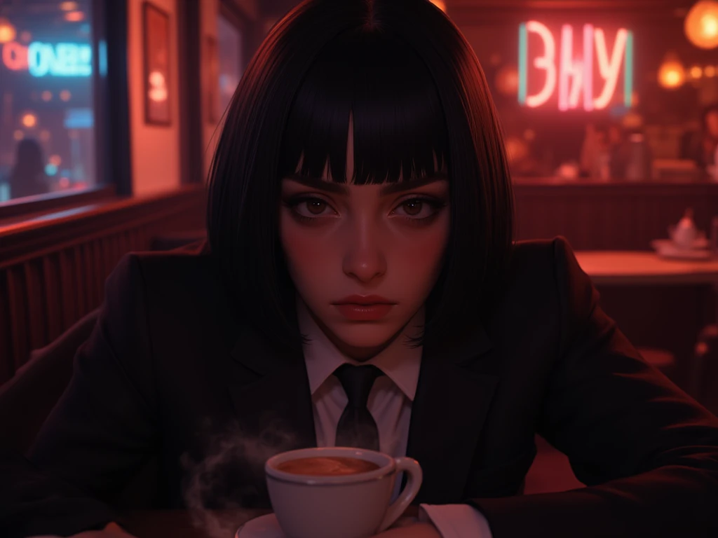 (realistic、highest resolution:1.3)、1 girl with perfect body、Very thin face and eyes、Short hair、tank top:1 random color.2、short jeans、at a cafe、coffee on the table、giant 、