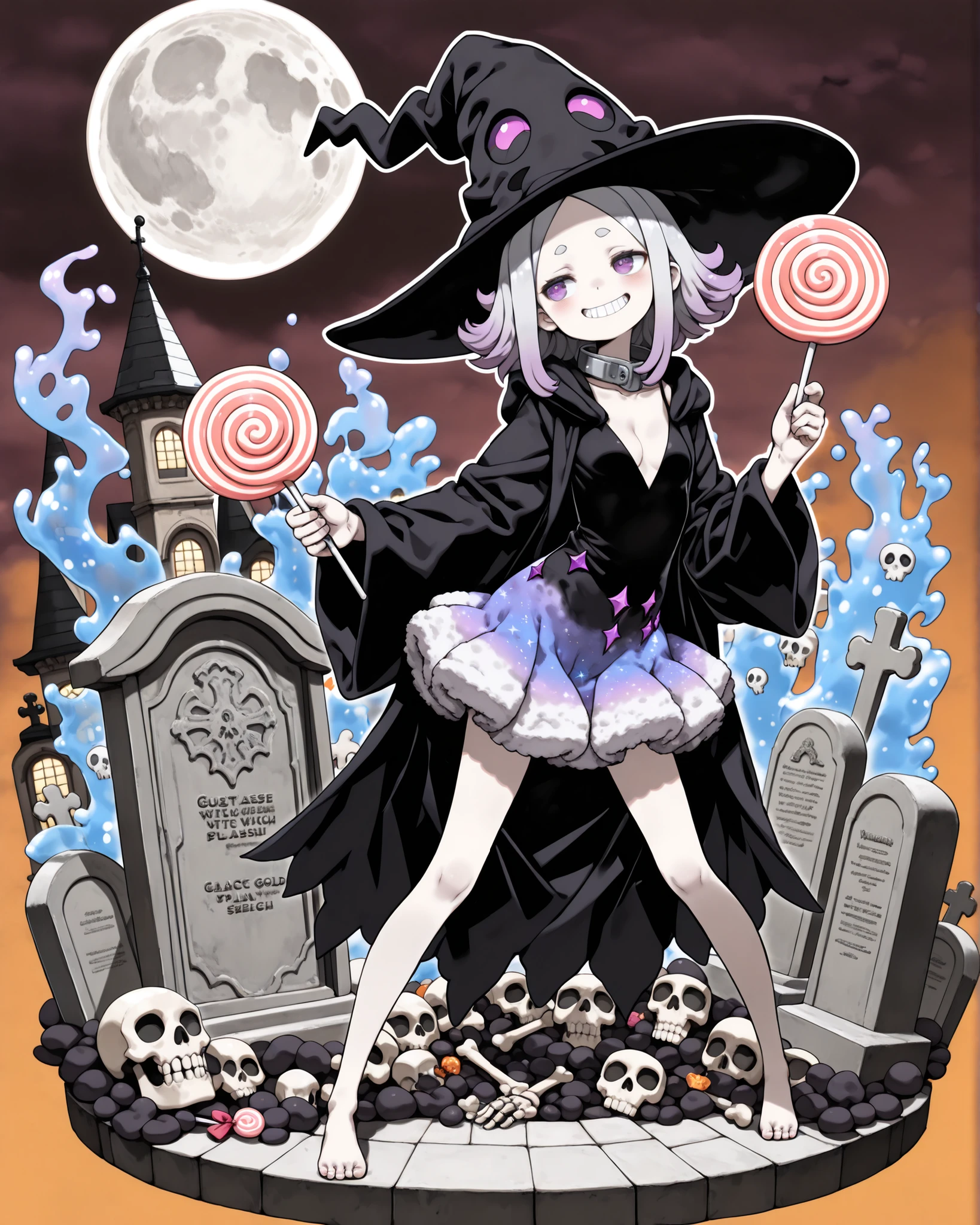 ((Kuroboshi Kouhaku style)), ((Masterpiece)), ((best quality, amazing quality)), ((very aesthetic, absurdres, newest)), (faux figurine:1.5), ((Gacha Splash, Transparent background, Mini background)), (Asymmetrical background), ((halftone)), (cinematic lighting), ((1girl)), Cute young Girl, (Healthy Gaunt body, Textured skin, small breast, cleavage, tilt head), Big eyes, (pale purple eyes, gradient eyes, averting eyes, looking at side), rusty metal collar, ((black Witch robe, loose neckline, fuzzy midium skirt)), (put on Black Witch Hat, Wide-brimmed hat), very grin, Serrated teeth, blush, sherp teeth, (platinum-gold hair, gradient hair, violet color Hair Tip), ((long parted bangs, cute forehead, long sidelooks)), flipped hair, outside curl medium hair, BREAK, Thin and short eyebrows, (cute cheeks), glossy lips, pouty lips, (lower eyelashes), bags under eyes, (holding swirl lollipop, big swirl lollipop in hand), (contrapposto, legs apart), ((foggy effect)), outdoor, Terrifying haunted Cemetery at midnight, rotting tombstone, Decaying cemetery, ghost, zombie, skull, bones, Evil spirit, (midnight, Eerie Full Moon), distinct, (heavy outline), horror(theme), (halloween architecture),