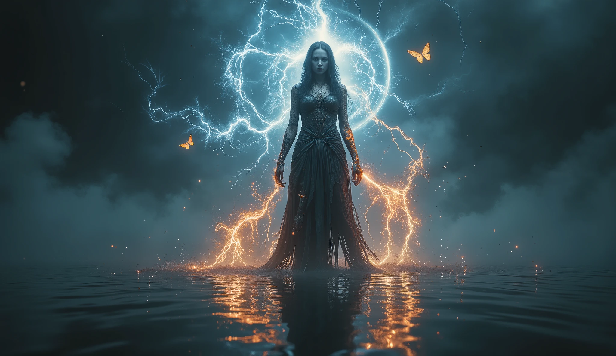 A stunning dark fantasy portrait of a solitary elemental sorceress standing on misty reflective waters. Her body radiates both fire and storm — golden embers drift from her skin like burning butterflies, while arcs of blue lightning pulse around her hands and eyes. Her long tattered cloak dances between smoke and light, half charred, half vapor. Behind her, a crescent of glowing energy cuts through the fog, scattering sparks and reflections on the surface. Her expression is serene yet fierce, embodying balance between destruction and creation. Realistic fantasy art, cinematic lighting, ethereal atmosphere, 128K HDR, ultra detailed, volumetric fog, dynamic energy effects, inspired by Greg Rutkowski and Magali Villeneuve.