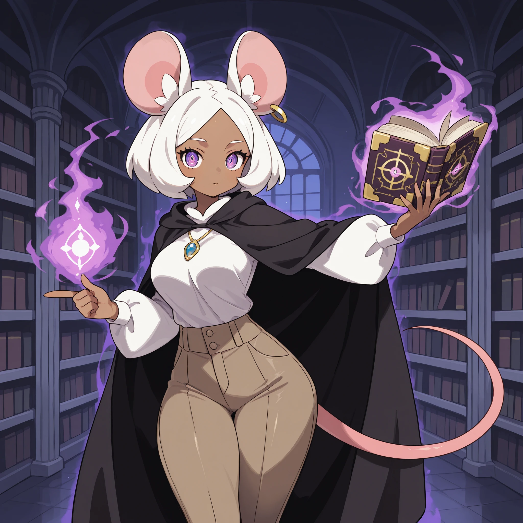 masterpiece, ultra-HD, impressionism, high detail, best quality, very aesthetic, 8K, best quality, beautiful, ultra-high resolution, 32K UHD, sugimorixd, 1girl, solo, dark brown skin, short white hair, parted bangs, bob cut, purple eyes, Mouse ears, fluffy ears, round ears, almond-shaped eyes, eyelashes, circled eyes, ringed eyes, glowing eyes, Mouse Tail, long tail, great hips, C-cups, great breasts, shapely figure, narrow waist, thick thighs, shapely legs, slim, white blouse, brown pants, black cloak, necklace, earrings, holding a magic grimoire, expressionless, purple magic aura, pointing at the viewer, standing, looking at the viewer, Library background, front view