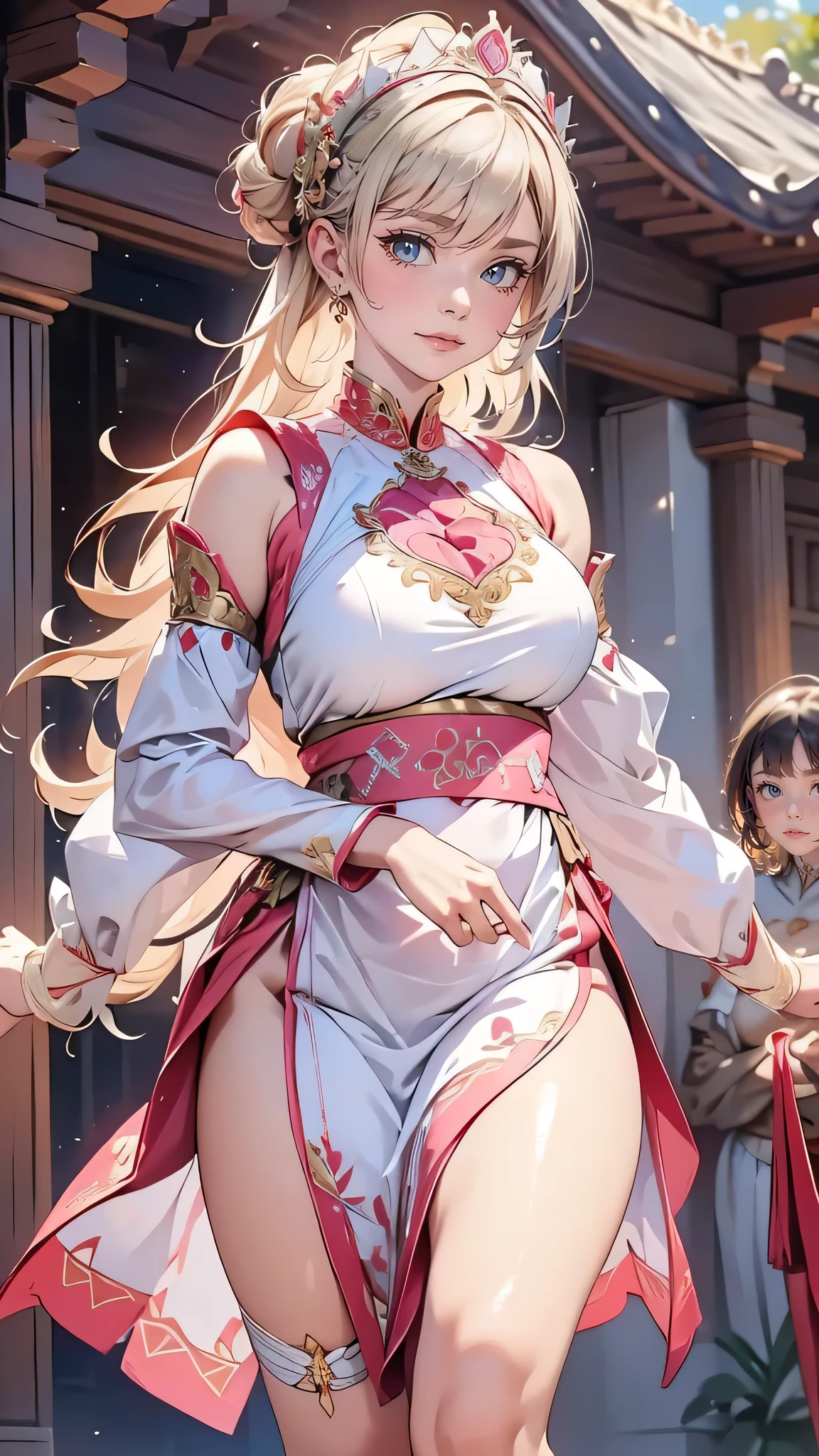 beautiful woman，folk girl，long, White hair and black eyes,red eyes,ฉันมีเปียlongทางด้านขวา.，She is wearing a purple Thai dress.,กระโปรงไทยโบราณlong，holding a jasmine garland,countryside，countryside，beautiful scenery，Ayutthaya historical site，smile with teeth，forehead，forehead ，big ，rift, ,(2 young women ,beautiful woman),หน้าอกbig,Show your breasts,The cracks are clear....,((หัวนมbig))，(pubic bone), rift, visible chest, pose,I see bulging .,((( ขนาดbig:1.4,pink,The  are clearly visible.......))),(Separate outfit showing :1.4), (semi-:1.8)