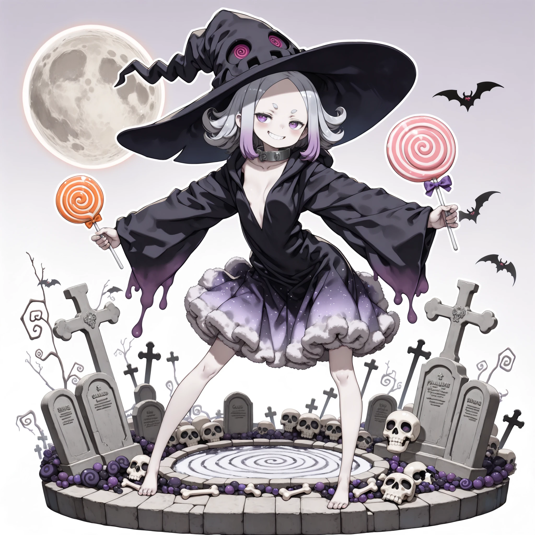 ((Kuroboshi Kouhaku style)), ((Masterpiece)), ((best quality, amazing quality)), ((very aesthetic, absurdres, newest)), (faux figurine:1.5), ((Gacha Splash, Transparent background, Mini background)), (Asymmetrical background), ((halftone)), (cinematic lighting), ((1girl)), Cute young Girl, (Healthy Gaunt body, Textured skin, small breast, cleavage, tilt head), Big eyes, (pale purple eyes, gradient eyes, averting eyes, looking at side), rusty metal collar, ((black Witch robe, loose neckline, fuzzy midium skirt)), (put on Black Witch Hat, Wide-brimmed hat), very grin, Serrated teeth, blush, sherp teeth, (platinum-gold hair, gradient hair, violet color Hair Tip), ((long parted bangs, cute forehead, long sidelooks)), flipped hair, outside curl medium hair, BREAK, Thin and short eyebrows, (cute cheeks), glossy lips, pouty lips, (lower eyelashes), bags under eyes, (holding swirl lollipop, big swirl lollipop in hand), (contrapposto, legs apart), ((foggy effect)), outdoor, Terrifying haunted Cemetery at midnight, rotting tombstone, Decaying cemetery, ghost, zombie, skull, bones, Evil spirit, (midnight, Eerie Full Moon), distinct, (heavy outline), horror(theme), (halloween architecture),