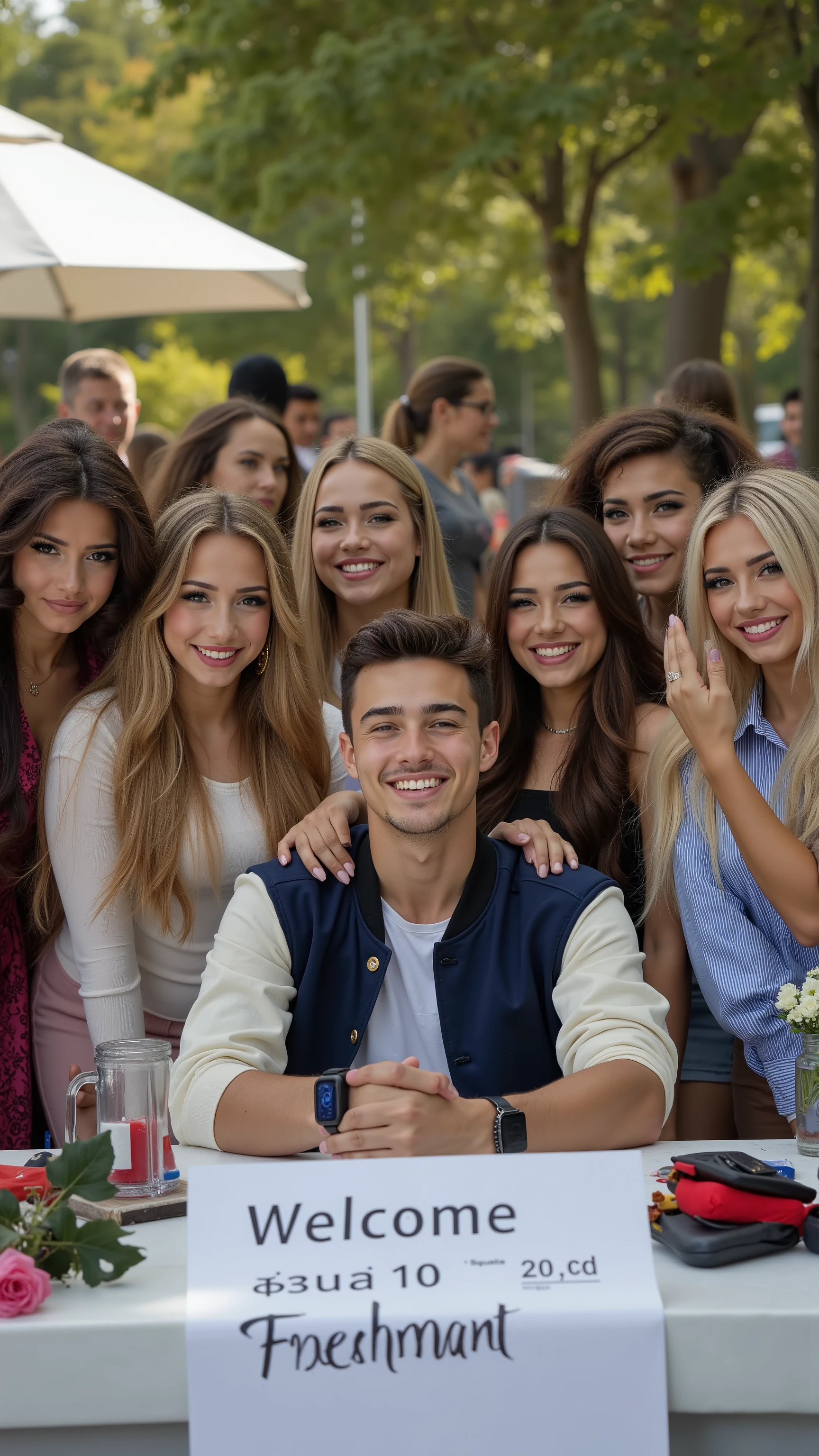 We are attending Freshman Orientation for an University exclusive for billionaire sons and daughters, so they all dress to impress in their collegiate best.
The scene is outdoors in the Quad and there are tables for students to sign up for clubs, etc.
The composition is a table with a sign that reads, 'Welcome Freshmen' and has a line of incredibly beautiful College Freshmen girls of different personal styles.
Behind the table sits 1guy, 24yo, lettermen jacket with a smile on his face that radiates charisma.