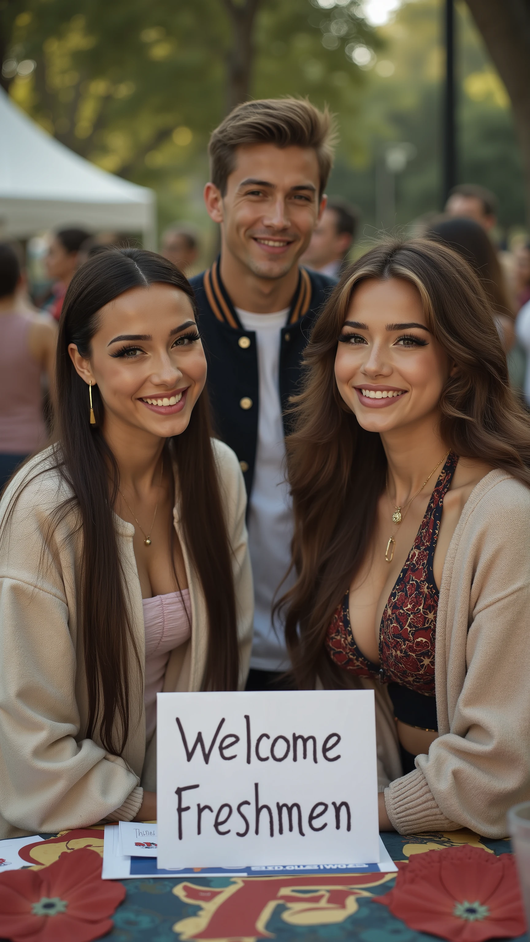 We are attending Freshman Orientation for an University exclusive for billionaire sons and daughters, so they all dress to impress in their collegiate best.
The scene is outdoors in the Quad and there are tables for students to sign up for clubs, etc.
The composition is a table with a sign that reads, 'Welcome Freshmen' and has a line of incredibly beautiful College Freshmen girls of different personal styles.
Behind the table sits 1guy, 24yo, lettermen jacket with a smile on his face that radiates charisma.