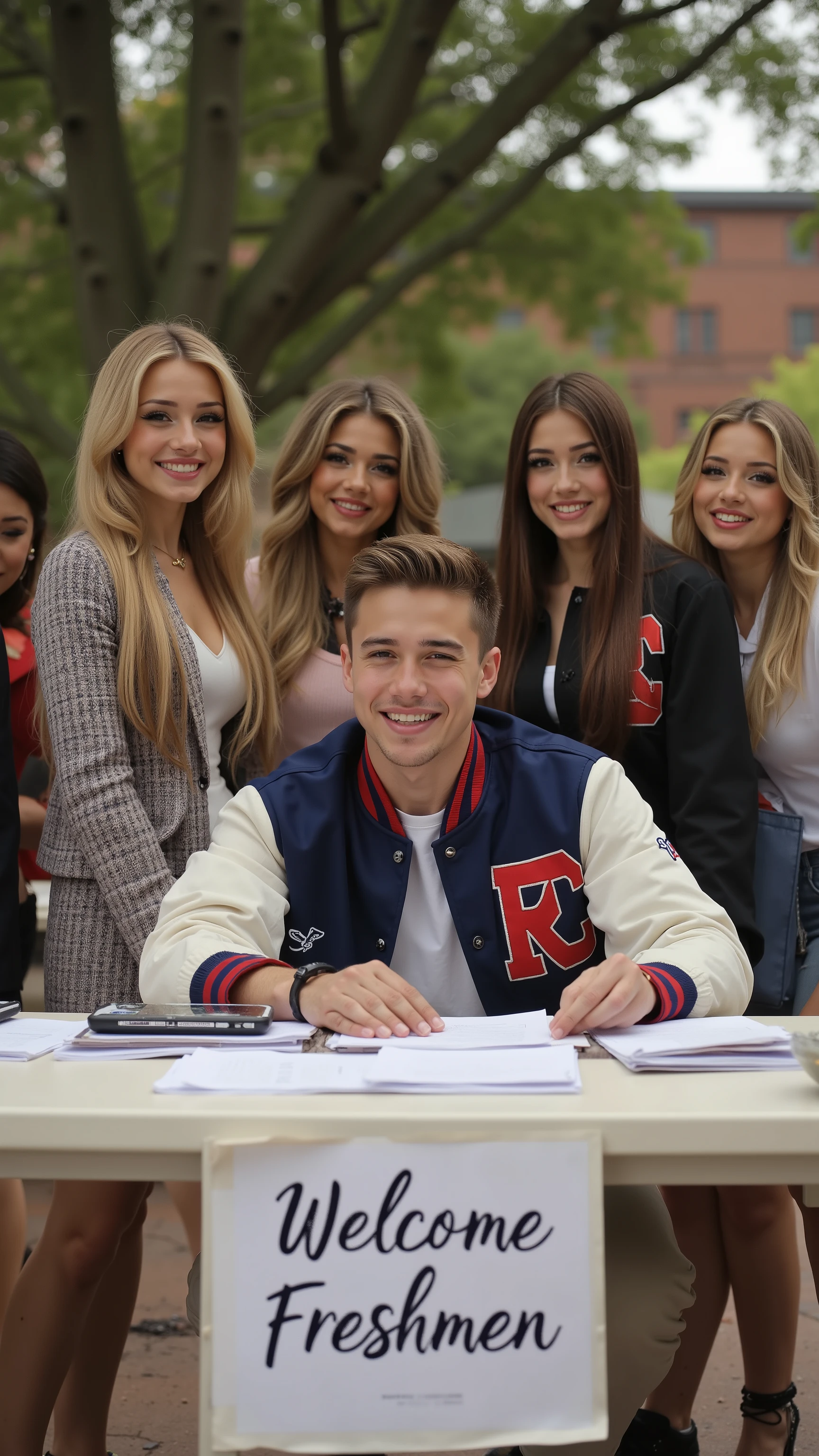 We are attending Freshman Orientation for an University exclusive for billionaire sons and daughters, so they all dress to impress in their collegiate best.
The scene is outdoors in the Quad and there are tables for students to sign up for clubs, etc.
The composition is a table with a sign that reads, 'Welcome Freshmen' and has a line of incredibly beautiful College Freshmen girls of different personal styles.
Behind the table sits 1guy, 24yo, lettermen jacket with a smile on his face that radiates charisma.