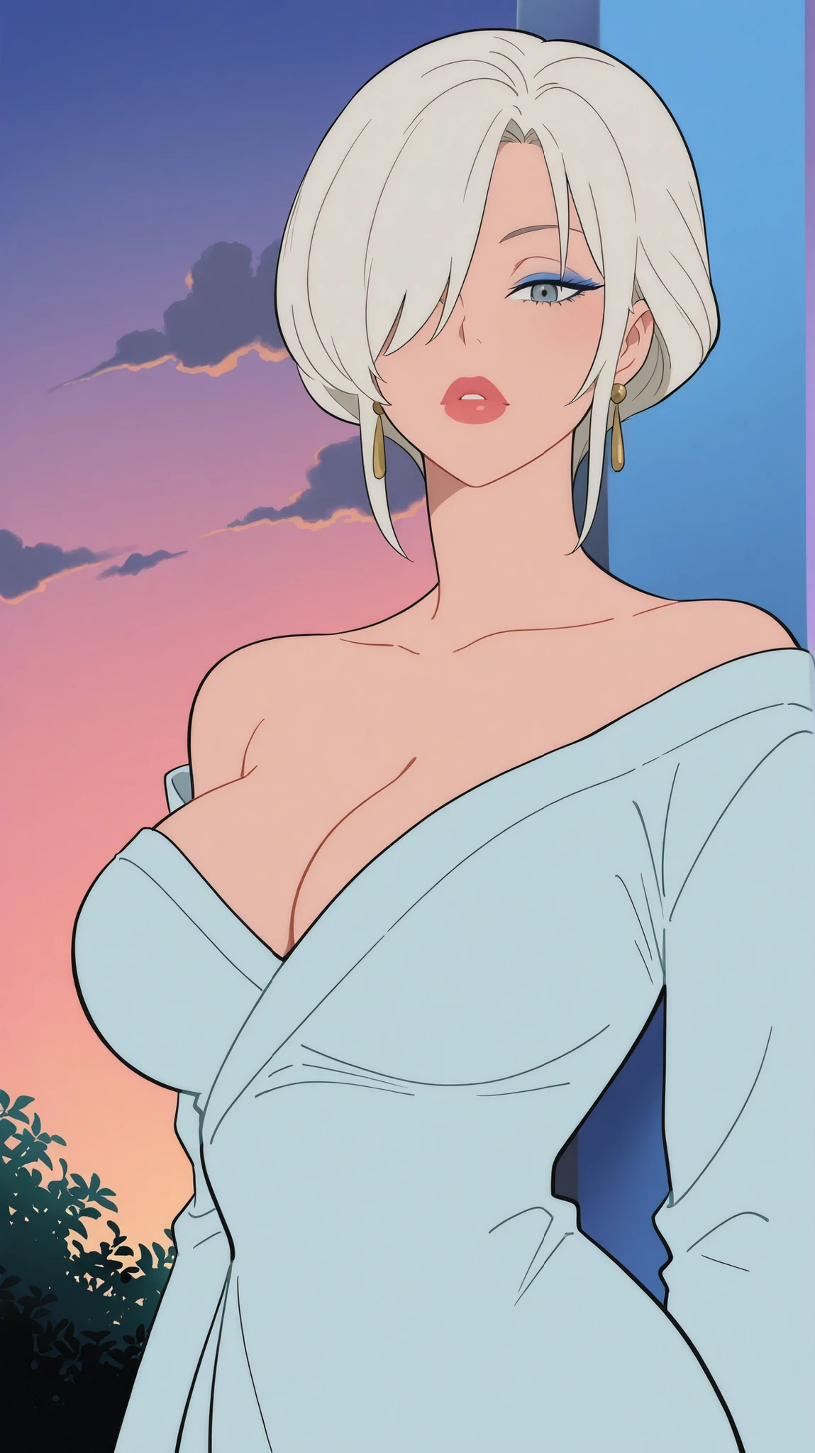 ((Studio: Madhouse)) [((Fiona_Frost)), 1girl, big breasts (solo), (masterpiece, best quality), (finely detailed beautiful eyes), blue_eyes, (short_hair), (white_hair), fiona frost,spy x family High quality , best quality , masterpiece, High Resolution , detailed face( LoRA: fiona),anatomically correct, detailed hair(LoRA: fiona) , anime coloring, solo, 1 girl, short hair, white hair, hair over one eye, grey eyes,, earrings, mature, mature woman, sharp eyes, sharp gaze, cold look, menacing look, kuudere, cool, angle, take a glance at viewer, Japanese Courtesan, Oni horn, single horn, (Edo Period) Extremely showy kimono, made of expensive fabrics and with flashy, elaborate designs. Hairstyles: Complex hairstyles decorated with numerous, large ornaments called kanzashi. Makeup: Makeup was also an essential part of the look, and painted lips, background is classic Edo Period, afternoon sky, afternoon lighting, clouds