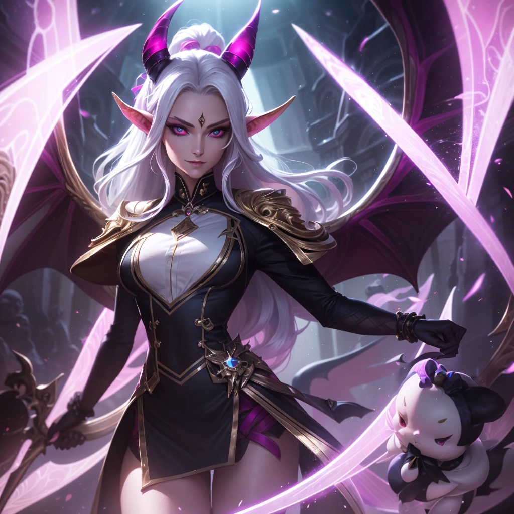 Syndra from League of Legends, white long hair, with horned mask, purple eyes with purple light, black purple orbs in her hands, Riot games splash art