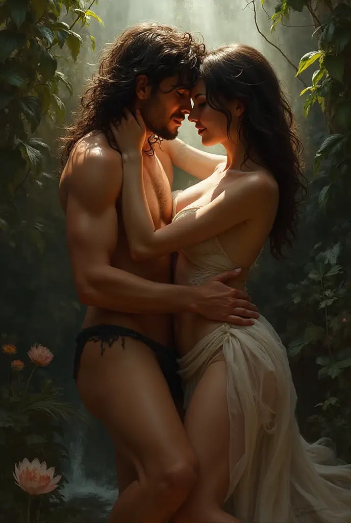 (((man and woman  in various position))) (1 gorgeous hijabi malay girl wearing thongs and arm sleeve, , wearing plain hijab, she is hugging 1 handsome man 40 years old with slick back hair, he is shirtless and wear panties) ((he is  with her)), dynamic pose, ultra realistic, masterpiece, maximum quality, detailed skin texture, skin pores, film grain, eyes closed, skin marks, moles, highly detailed skin, fantasy flower garden, (flowers blooming densely in background), lisianthus, pale pink and light azure color grading, surreal and dreamy environment, ethereal foliage, high contrast, ink strokes, over exposure, abstract, (watercolor painting by John Berkey and Jeremy Mann, brush strokes), flower petals and leaves flying blown by wind, film grain, film noise, cinematic composition ((KAMASUTRA)) ((wind blowing dramatically))