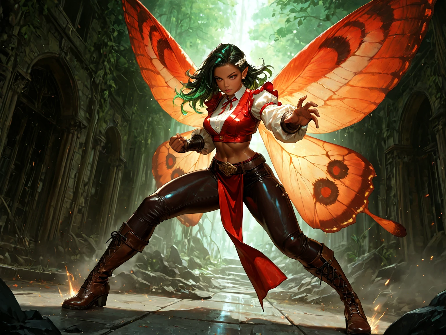 1 girl, latina, detail face, detailed eyes, detailed lips, auburn hair, gold metal wings, yellow costume, crop top, belt, green pants, armor boots, armor gloves,