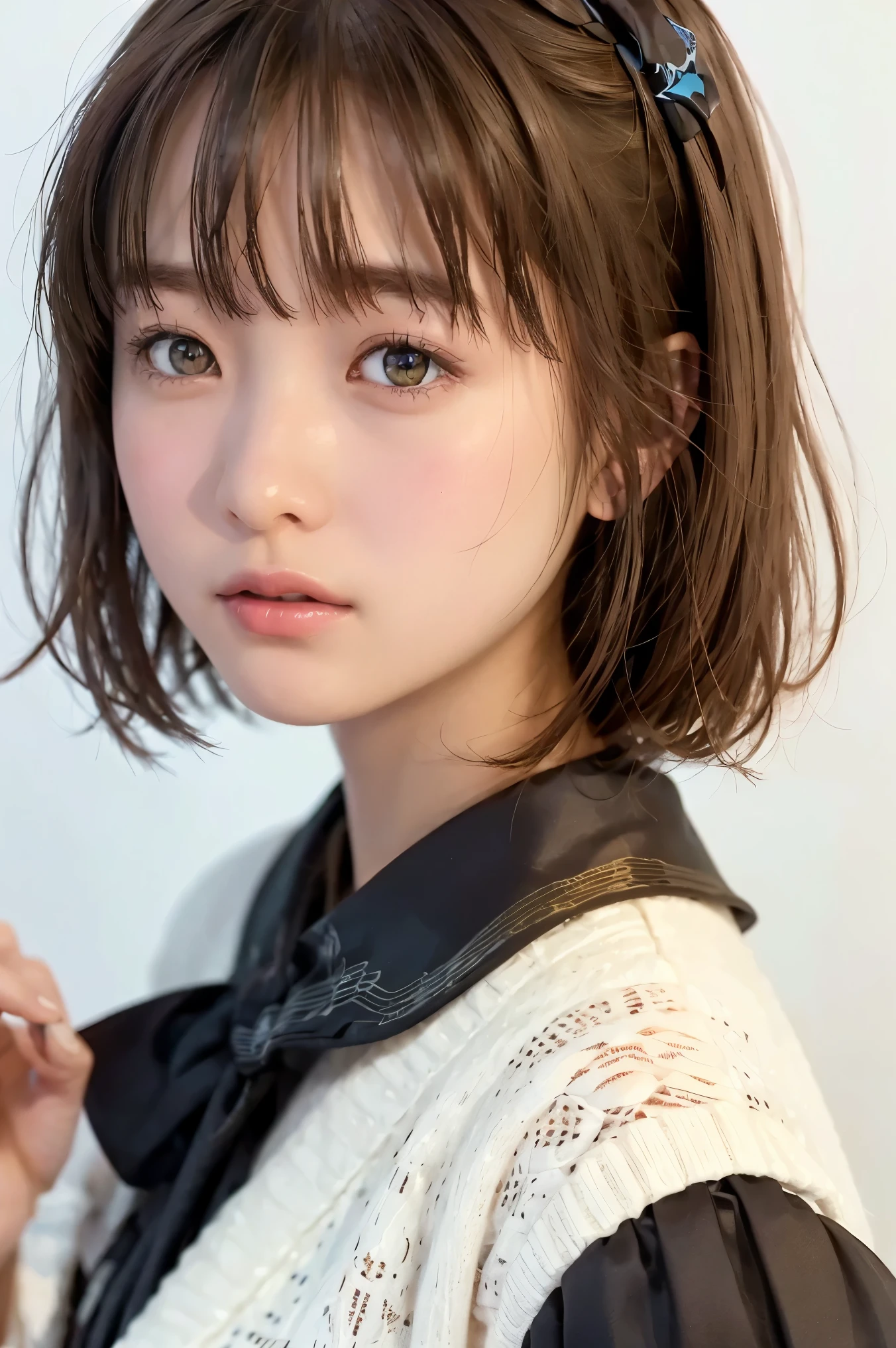 (Highest Quality, High Accuracy Choice, masterpiece:1.2), (Woman Wearing a White Cardigan)、(left eye is facing the front:1.6)、(I'm staring at the viewer:1.8)、realistic:1.37、(slender body)、 Thin face 、(portrait)、( Beautiful Expression )、(笑顔in:1.3)、(big eyes:1.5)、in、the edge of the eye is slightly lowered、(Glowing Eyes:1.3)、(Dark Eyes:1.4)、beautiful skin 、( short bob cut hair:1.4)、黒い髪、(The background is the city of Tokyo:1.2)、