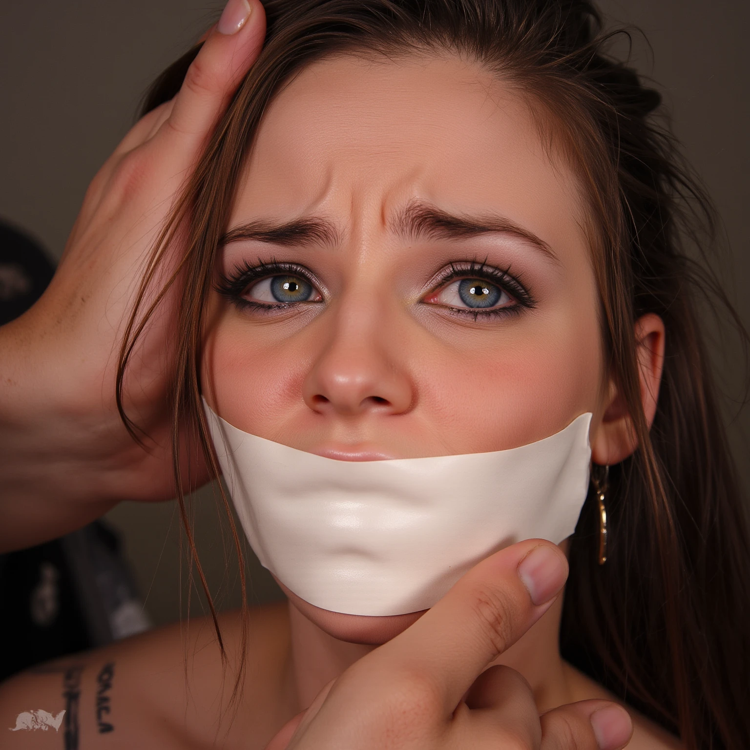 masterpiece:1.2,best_quality:1.3, one woman, solo, closeup_portrait:1.4,face:1.5,tape_gag:1.6