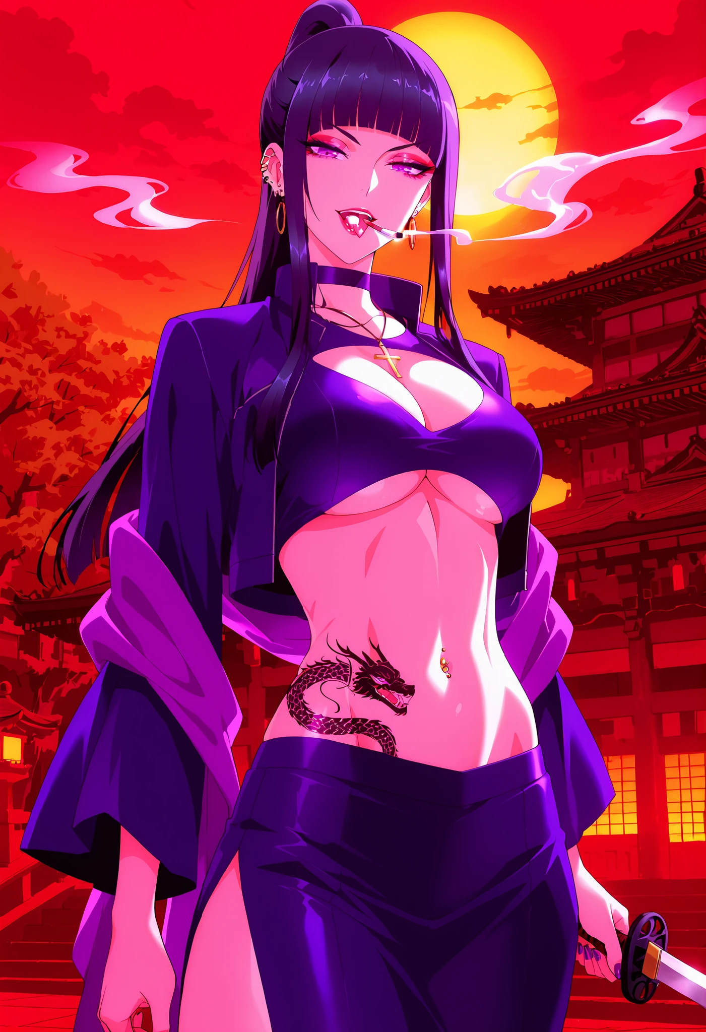 bodysuit,jacket,
1girl,mature female, sakatoku mai, purple eyes, long hair, black hair, blunt bangs, ponytail, sidelocks, makeup, eyeshadow, lipstick, nail polish, ear piercing, long hair, , lipstick, Hot girl, baddie, smoking, sensual, attractive ,choker, ,cross necklace,, tongue piercing ,tongue out, open mouth, jewelry, outdoor, japanese architecture, temple, kimono, purple shawl, wide sleeves, , serious, looking at viewer, slim belly, east asian architecture,,holding sword, , mature female, masterpiece,high quality,4k,belly,,,cleavage, ,, smile, open mouth, () , evil expression,belly, exposed navel, exposed midriff, cleavage cutout, , exposed lower belly,,,navel piercing , underboob , side slit, , , dragon tattoo on waist, narrowed eyes, tattoo on waist,, anipai_style , anime screencap , anime coloring,,v-shape eyebrows
