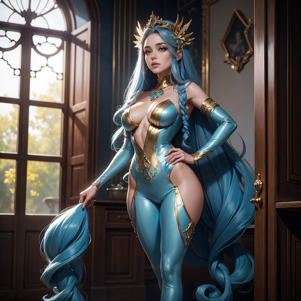  seductively exploring a medieval fantasy castle, revealing a highly detailed face and captivating eyes, dressed in provocative micro armor, visible navel, surrounded by vibrant and colorful scenery, rendered in stunning 4k quality.