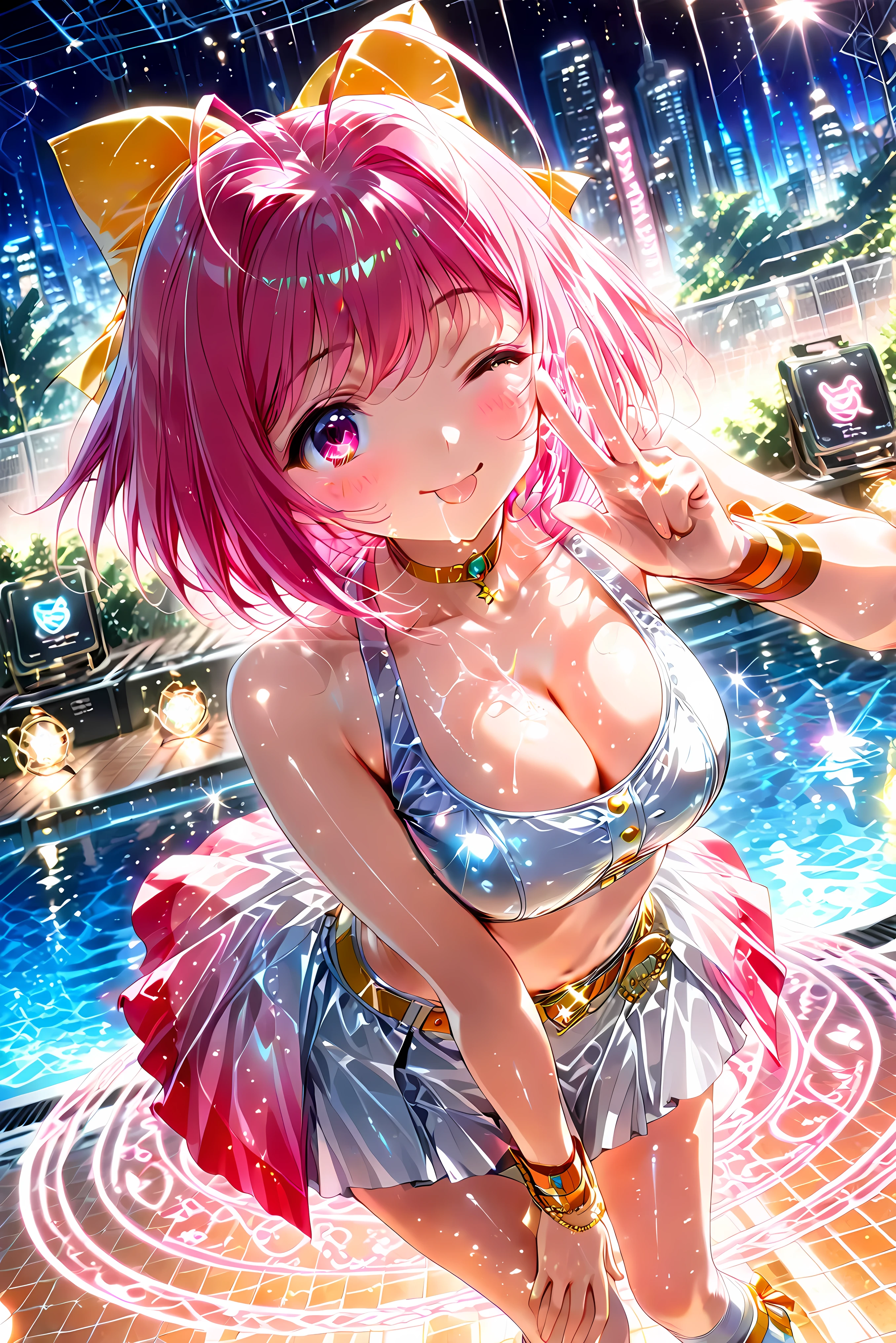 Dutch angle, (beautiful detailed eyes:1.2), ((beautiful woman)), cute face, Detailed face, Perfect Face, Detailed facial expressions, perfect anatomy, Beautiful anatomically correct human girl fingers, perfect hand, Tomboyish girl, cute pose, source_anime, {{rating safe}},
(1 girl,solo,alone), {kanon nakagawa, nakagawa kanon\(The World God Only Knows.\), {hair bow\(Vivid Yellow yellow\)}, short hair, pink hair, pink eyes, wink, antenna hair, mature female, large breasts, B86, W56, H85, Healthy dark Skin, She is the ultimate and perfect idol.,
  BREAK  ultra intricate and ultra detailed idol outfit\(idolmaster_cinderella_girls.\)like. , White dress, White sports bra, White skirt, BREAK, Colorful neon lights shining, Exposing shoulders, No sleeve, White knee socks, Smooth, btbs, solo Idol stage, Cognitive resonance, Sharp focus, Selfie, night pool on stage, Heart effect:1.2, A rainbow-colored magic circle shines at her feet, and countless white feathers float in the space around her, reflecting the sparkling rainbow light.,
 calm expression, happy expression, smile, tongue sticking out and tongue sticking out, drooling, dripping saliva moderately tongue, blushing, embarrassed, shy expression, The atmosphere is lively, seductive, and captivating, with dynamic poses and expressions that exude joy and allure., emphasizing the ultimate feminine beauty and enchanting energy of the scene. ,  (beautiful background:1.2), integrated scenery, integrated background, detailed background,
, (score_9:0.9), score_8_up, score_7_up,rating_safe, anime style,(zPDXL), ultra highres, (masterpiece:1.2), ((((Best Quality)))), High resolution, best quality, (top quality), (highly detailed CG), (extremely delicate and beautiful:1.1), (perfect details:1.1),  meticulous details, good composition, (stunning illustration), ((ultra-detailed)), absurd, Precise, 