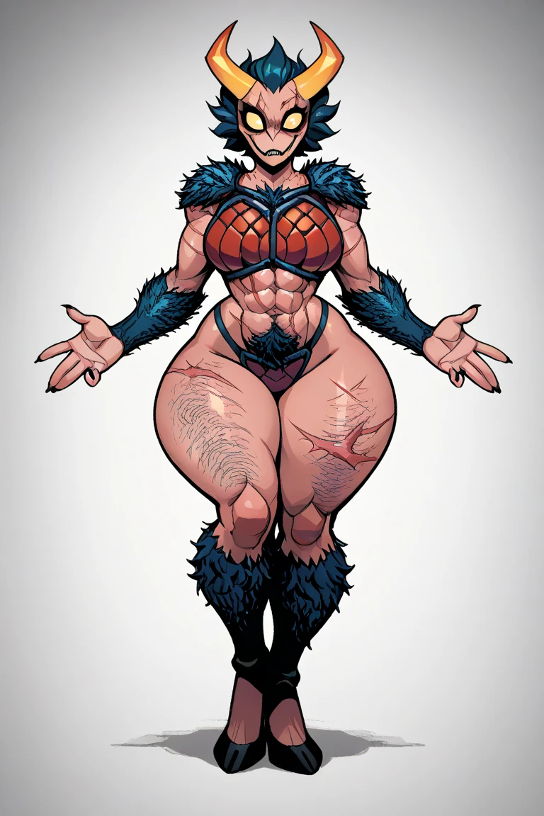 Score_9, score_8_up, score_7_up, score_6_up,,  upper body,  solo. cowboy shot, source_anime, eldritch abomination, abs, gray skin, sharp teeth, tusks, demon, horns, muscular female, wide hips, big breasts, chubby, huge arms, <lora:Eldritch_Abominations_Zeblackballd:1>