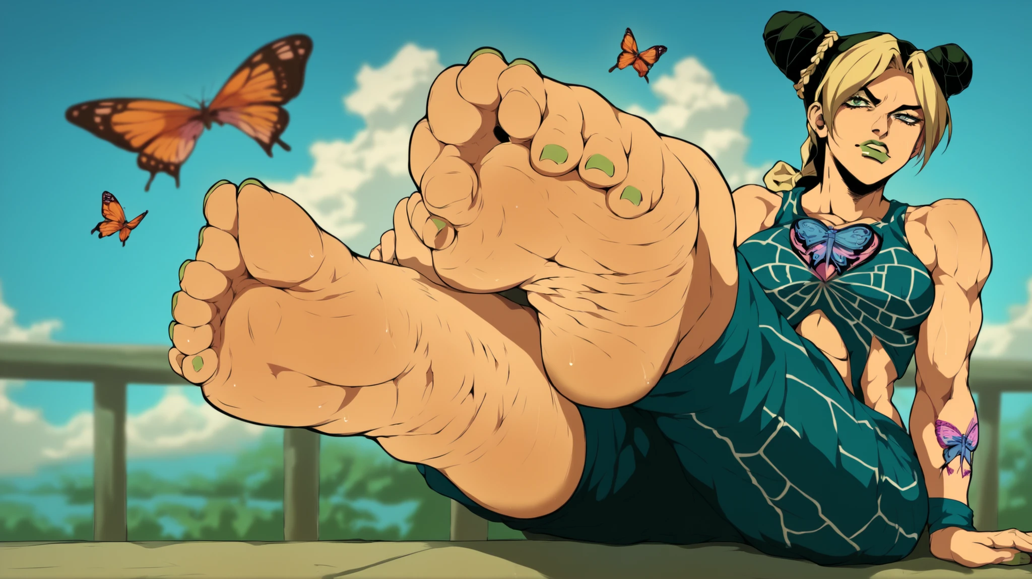digital art, female anime characters, Jolyne with butterfly tattoo, bare feet prominently displayed, Ermes sniffing with expression of interest, Stone Ocean characters, cell background, muscular female physiques, detailed skin texture, vibrant colors 5 toes