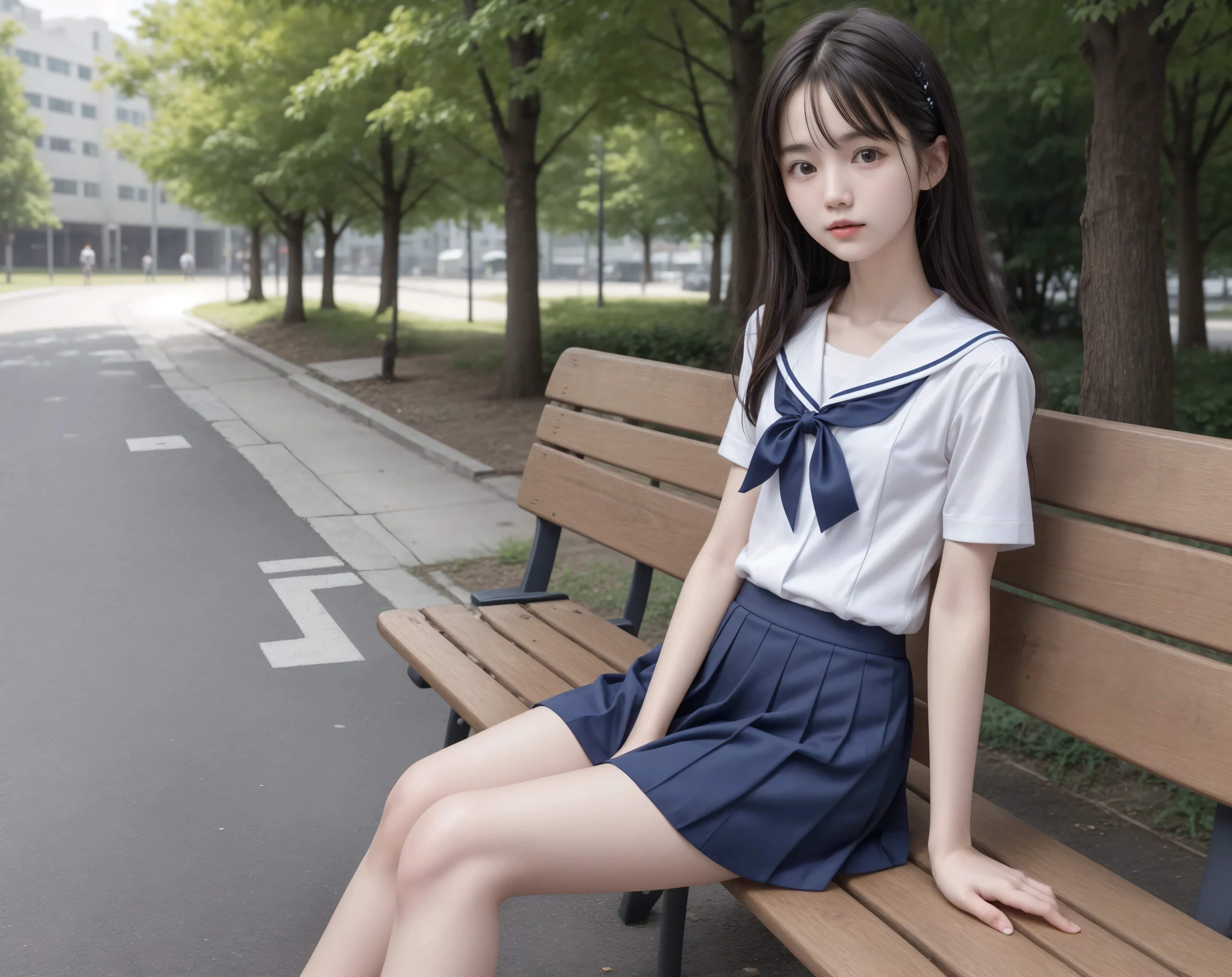 20 years old,cute girl,かわいいyounger女の子,slender,Skinny,short,skinny,slender body,Low body weight,younger,cute hairpins,sailor suit cosplay,navy blue skirt,realistic,sitting on a park bench,small breasted,japanese,Narrow Shoulder,black tights,dark hair